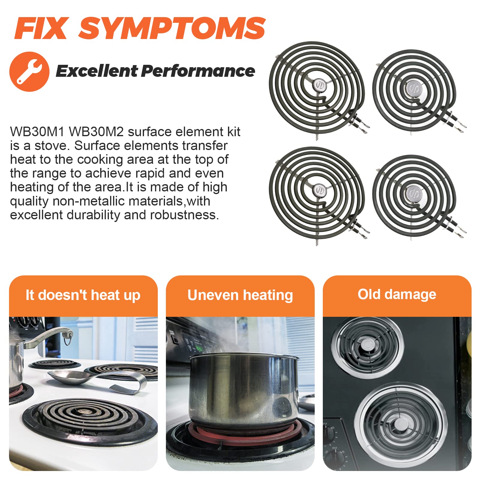 4 Pack GE Electric Stove Burner Replacement - Compatible with Hotpoint, Kenmore, WB30M1, WB30M2 - 6