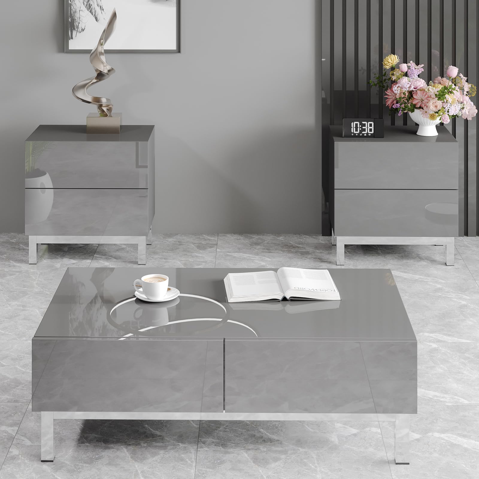 AMERLIFE High Gloss Electroplated 3-Piece Coffee Table Set - Modern Minimalist Living Room Furniture with Center Table & 2 End Tables, Rectangular Sofa Side Tables with Storage Drawers in Gray - Perfect for Small Spaces, Apartments and Contemporary Home Decor