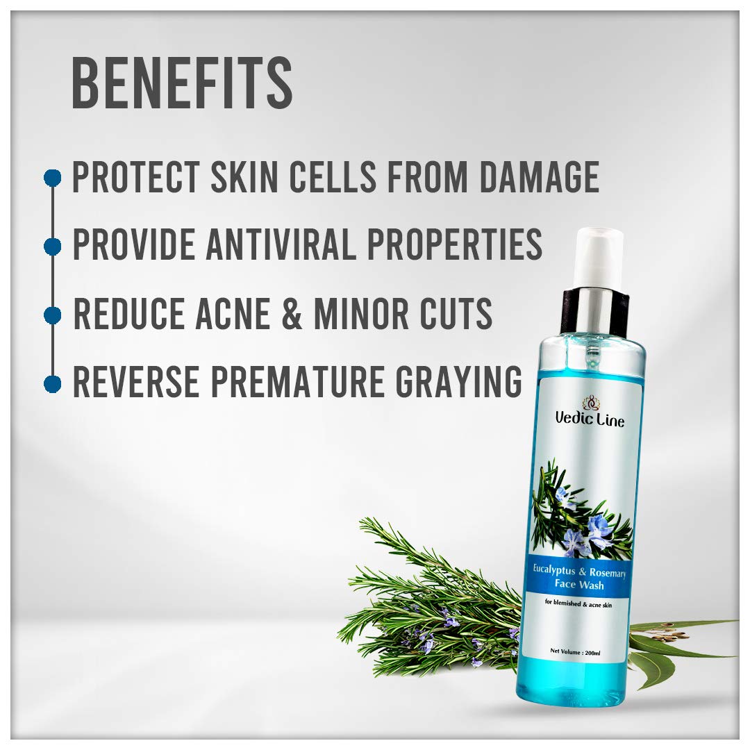 Vedicline Eucalyptus and Rosemary Face Wash for Acne & Blemish Control - 200ml Cleansing Formula for Clear, Refreshed Skin | Perfect for Daily Skincare Routine & Post-Workout Cleansing