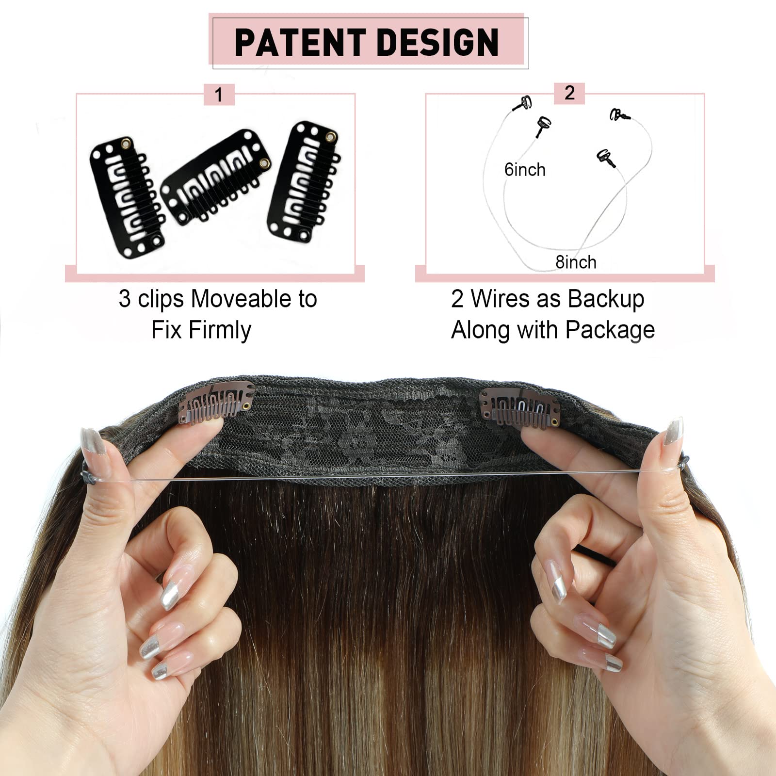 Ugrace 16 Inch 80g Real Human Hair Clip-In Extensions - Balayage Light Brown to Ash Brown & Bleach Blonde - Transparent Invisible Fish Line for Natural Look | Perfect for Daily Wear, Parties, Weddings & Special Occasions