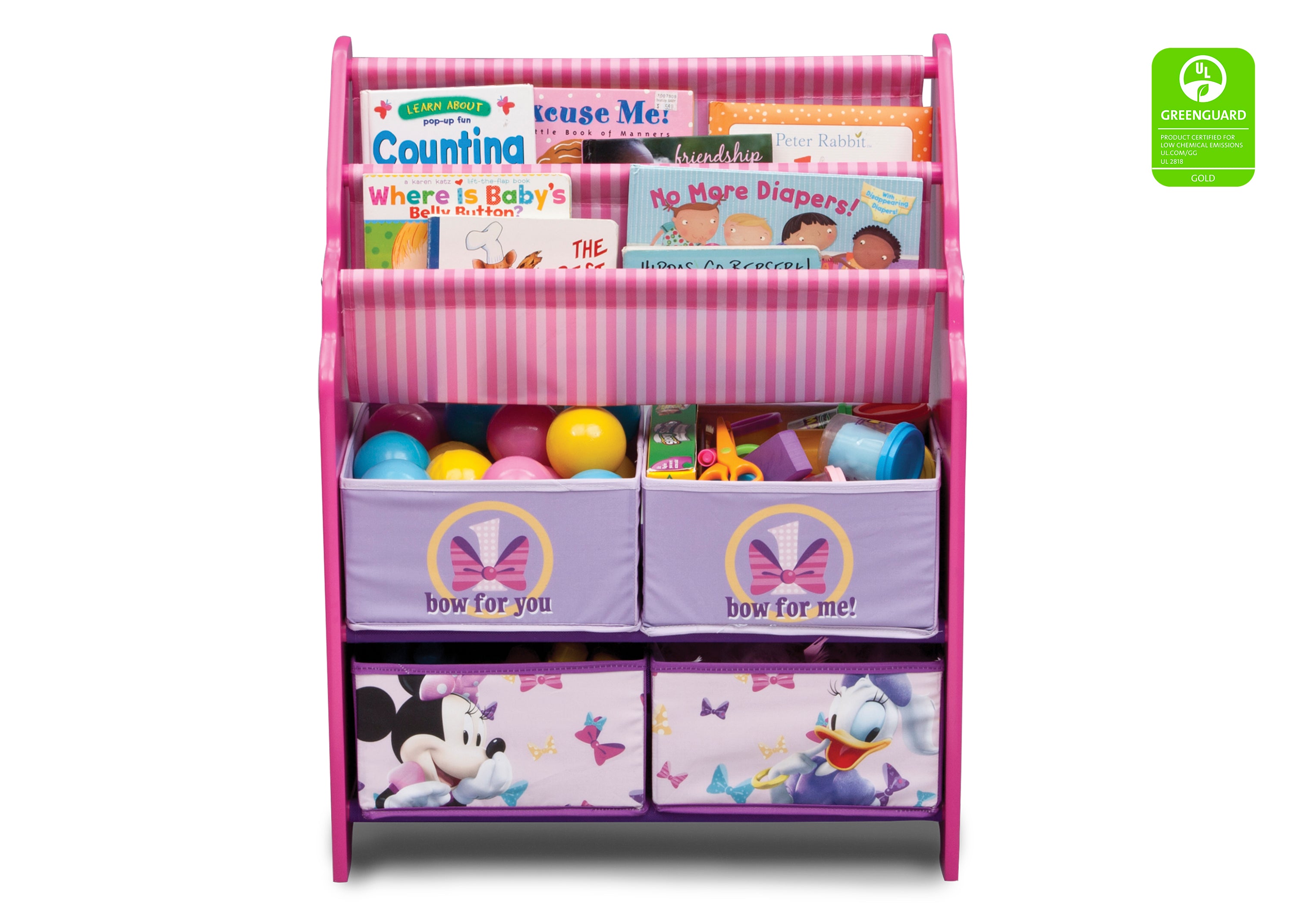 Minnie Mouse Book and Toy Organizer for Kids - Disney Themed Storage Solution for Bedroom, Playroom, and Nursery Organization - Perfect for Books, Toys, and Plushies