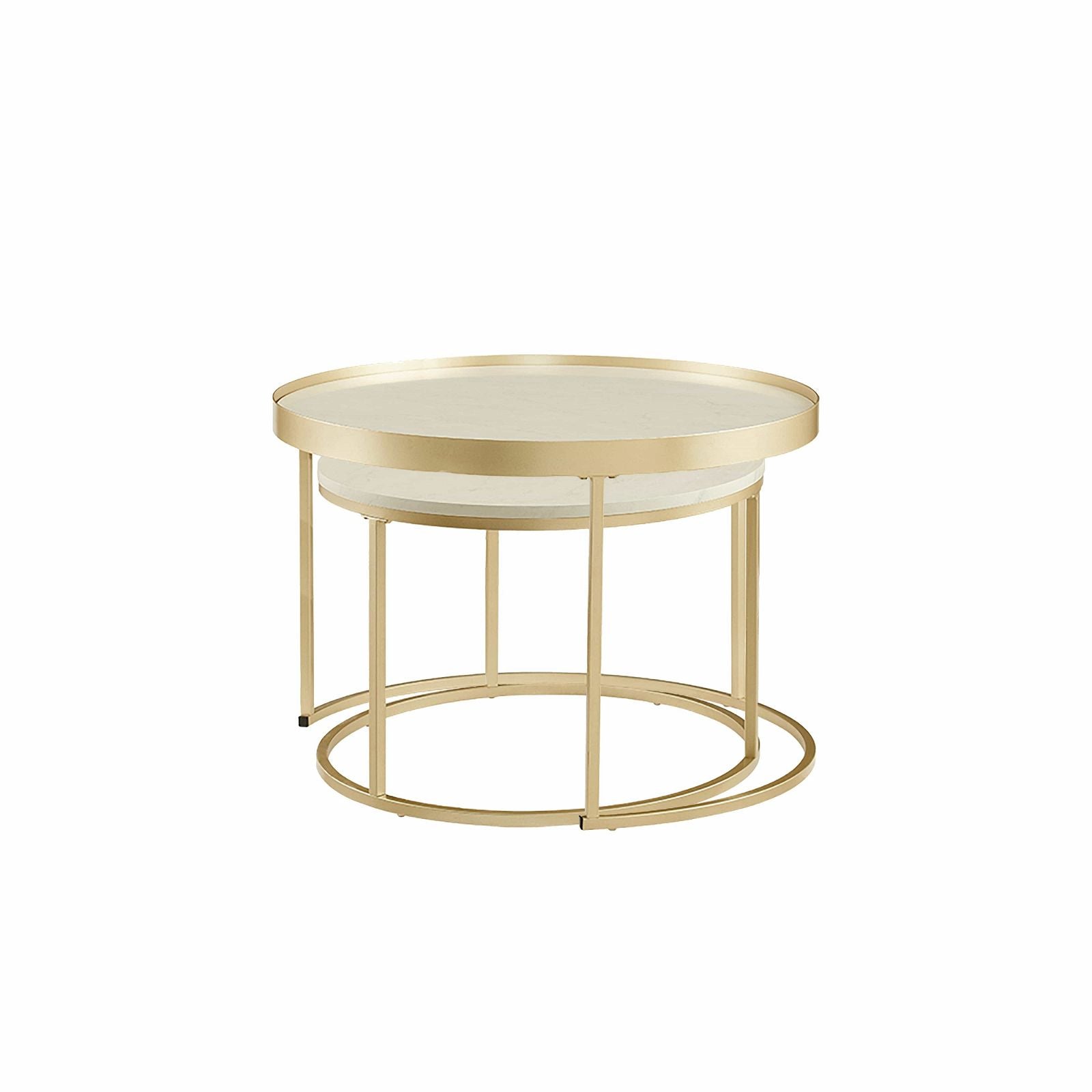 Modern White Marble Finish Nested Coffee Table Set with Champagne Gold Metal Frame - Elegant Living Room Furniture for Small Spaces, Home Decor & Office Use