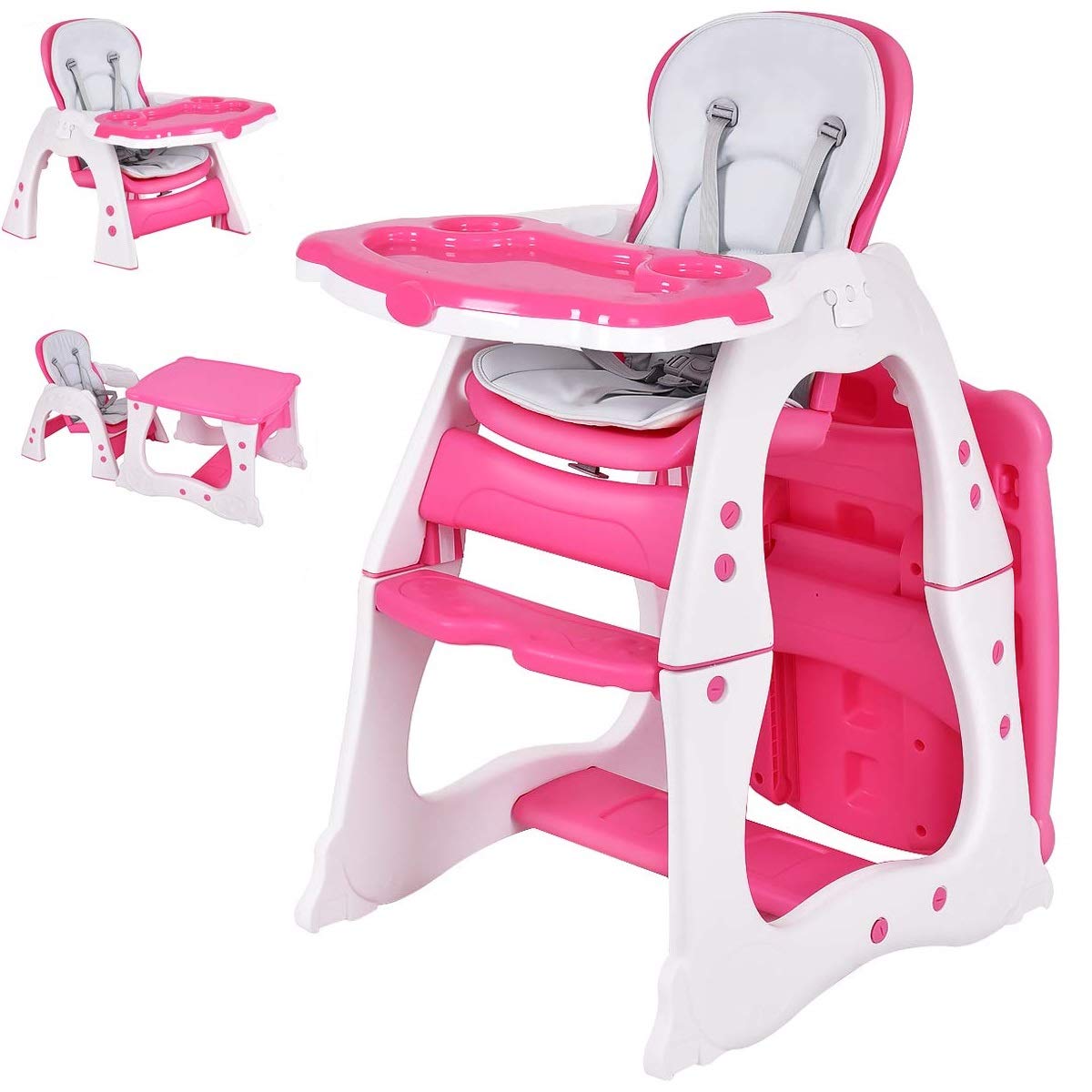 Costzon 3-in-1 Convertible Baby High Chair with Adjustable Feeding Tray & 5-Point Harness - Infant Booster Seat & Toddler Dining Chair - Safe for Home, Restaurant & Travel Use (Pink)