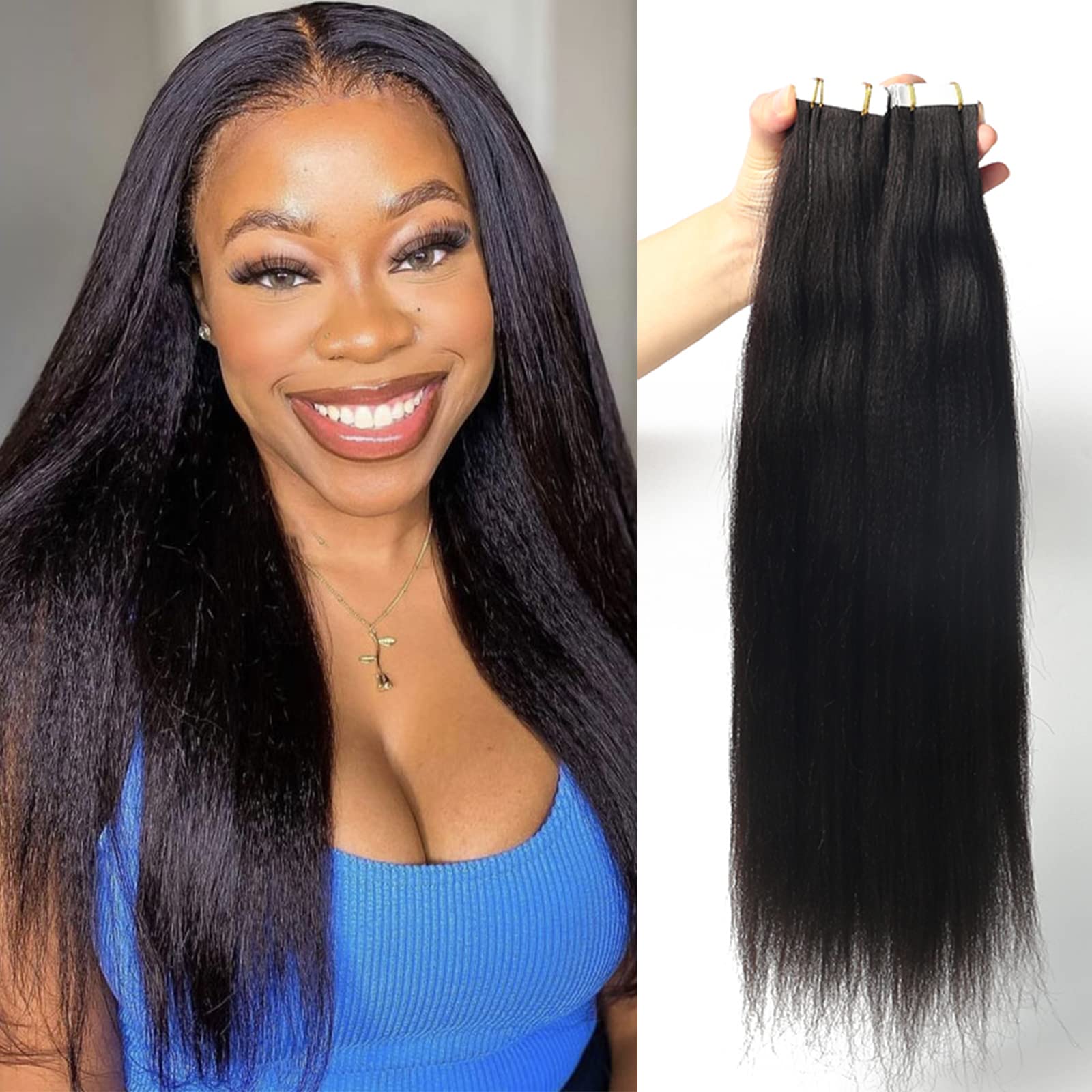 Munx Tape in Hair Extensions 18inch 100g 40pcs - Natural Black Human Hair Tape Ins for Black Women - Yaki Straight Real Human Hair Extensions for Length & Volume - Perfect for Daily Wear, Parties & Special Occasions