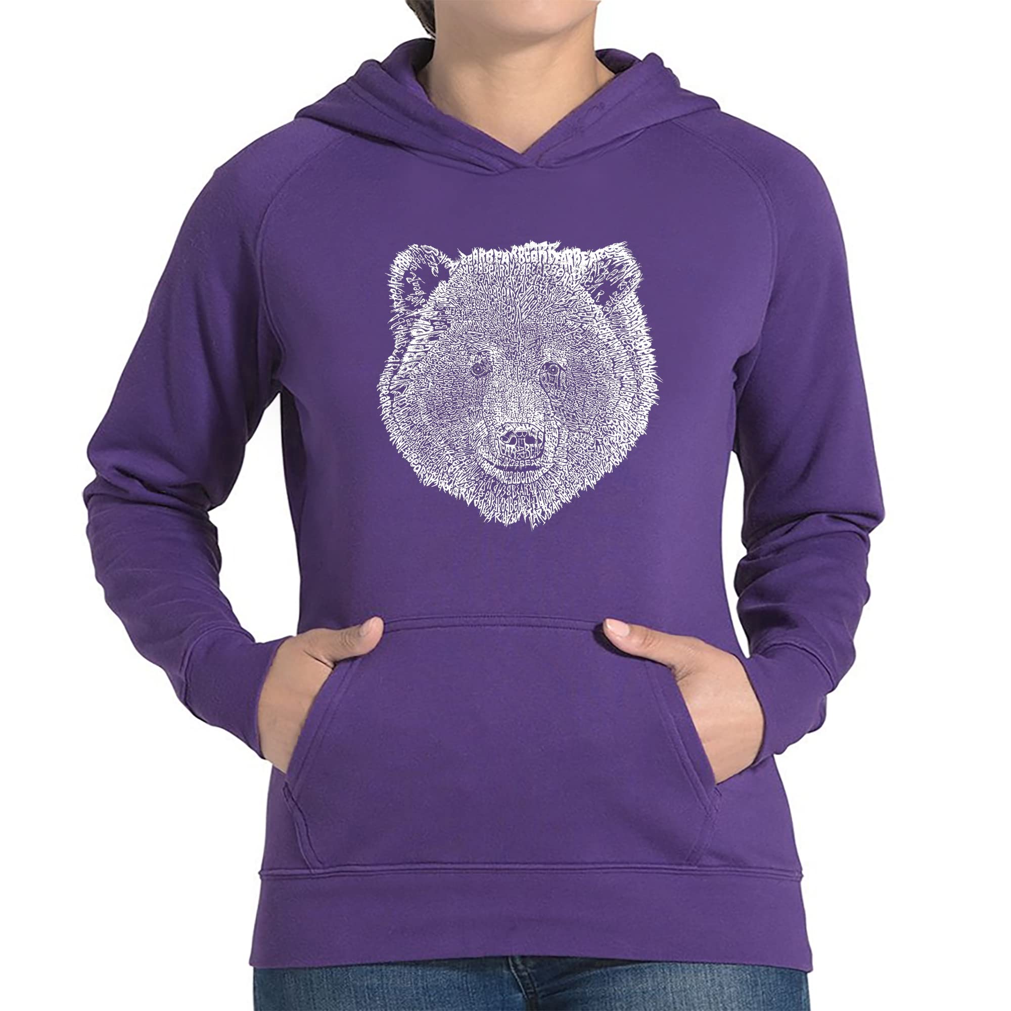 LA POP ART Women's Bear Face Word Art Hooded Sweatshirt | Soft Pullover Hoodie with Graphic Print | Perfect for Casual Wear, Street Style & Gifts