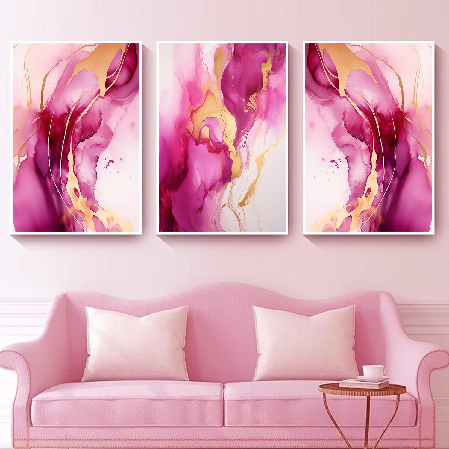 Pink Gold Marble Abstract Wall Art - 16x24in Unframed Canvas Print for Living Room, Bedroom & Office Decor - Modern Pink White Gold Abstract Painting with Purple Accents