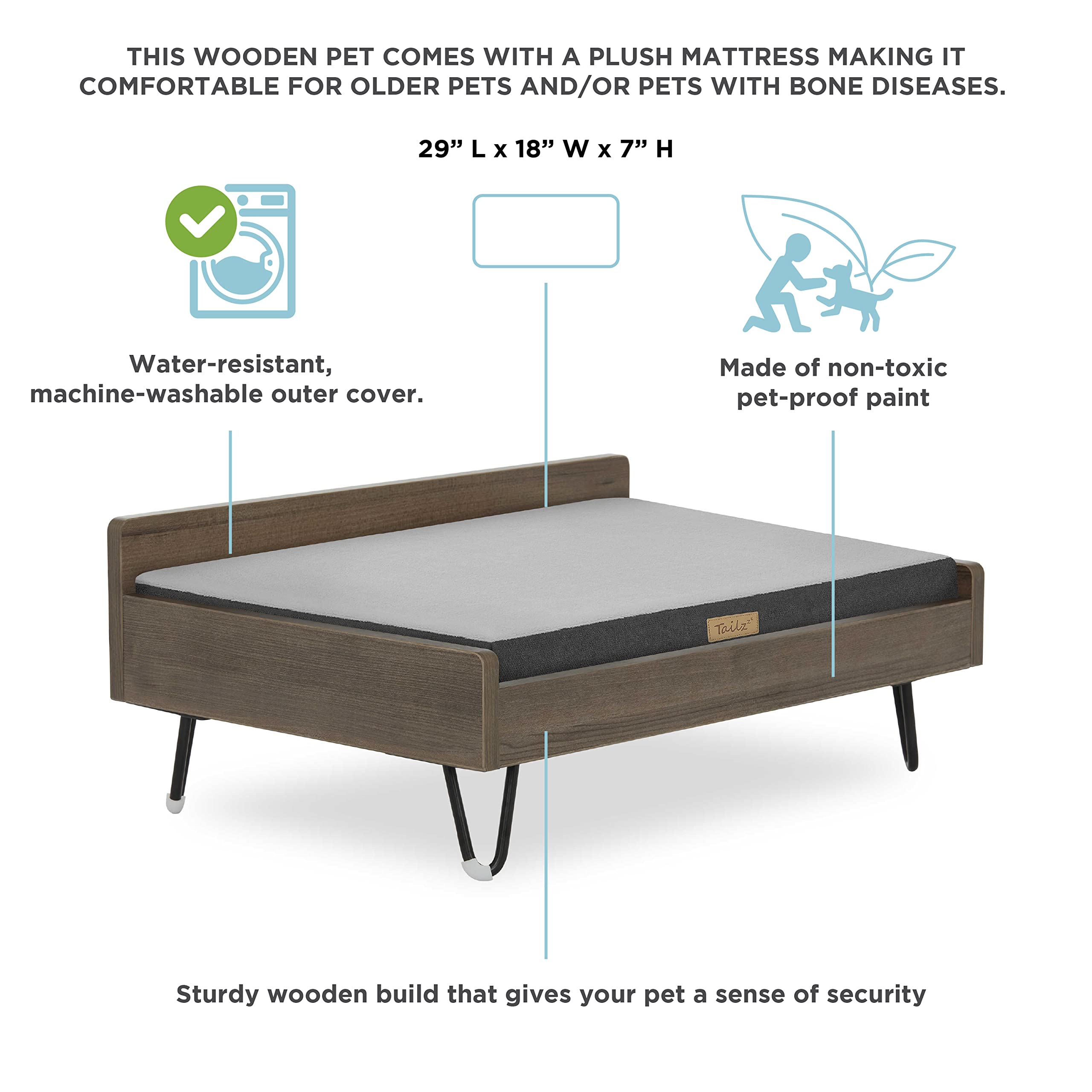Premium Elevated Wooden Dog Bed & Pet Couch with Water-Resistant Calming Mattress - Small to Medium Size - Greenguard Gold Certified - Cozy Indoor/Outdoor Pet Furniture for Living Room, Patio or Bedroom