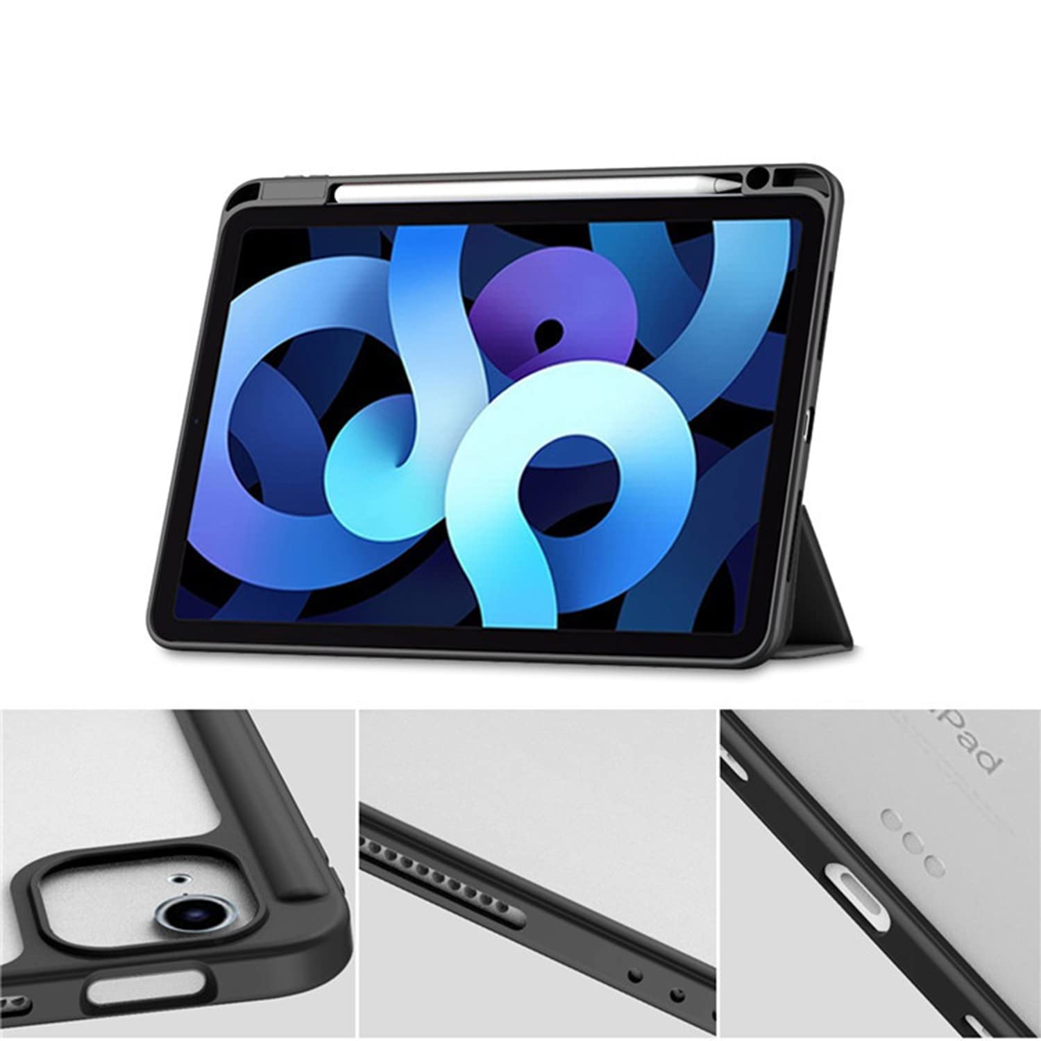 HUEZOE iPad Air 5/4 & iPad Pro 11 Case (2022/2021/2020/2018 Models) - Hard Acrylic Back Cover with Pencil Holder, Auto Sleep/Wake Feature - Black - Perfect for Work, School & Travel Protection
