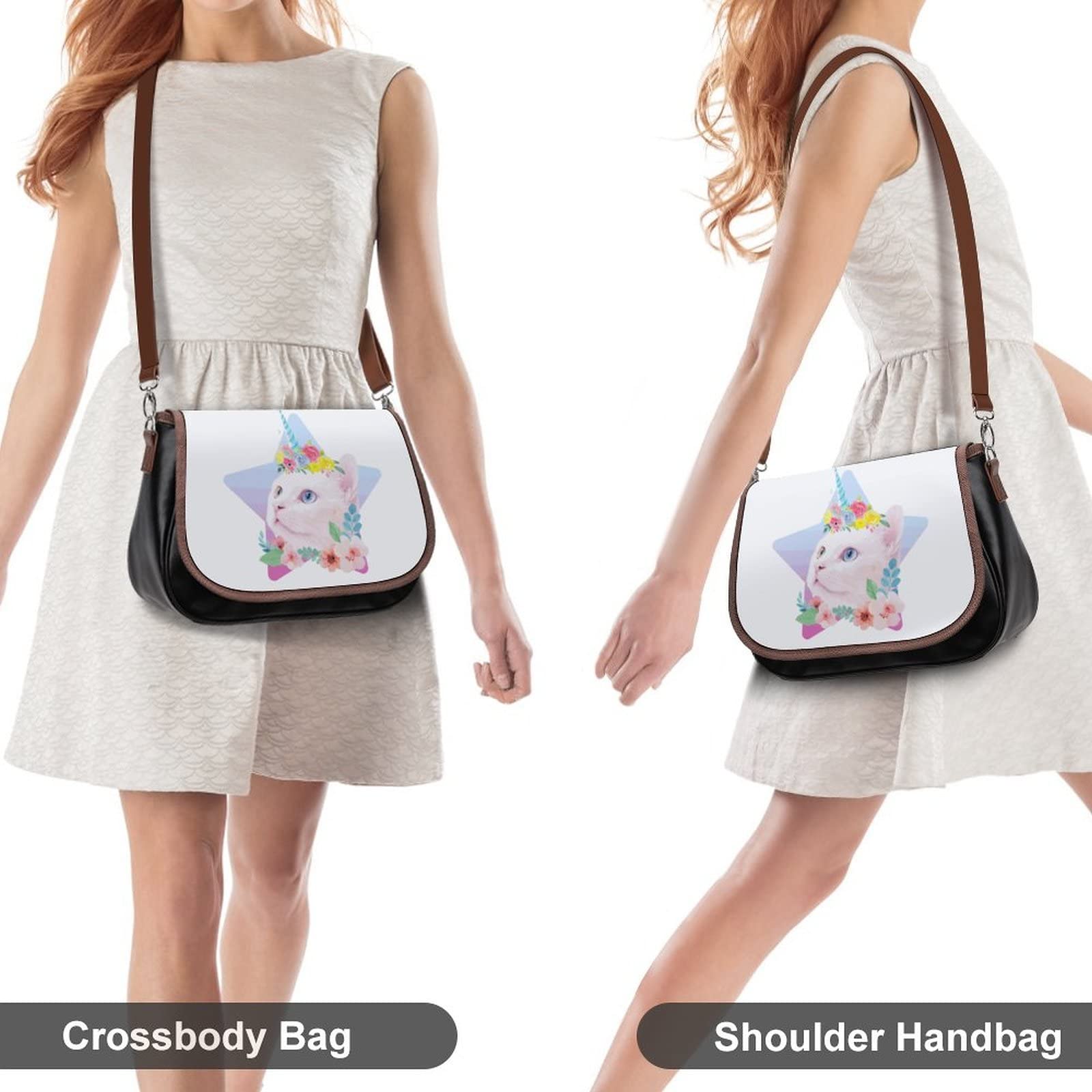 Stylish Women's Crossbody Bag - Genuine Leather Satchel with Cat, Unicorn & Floral Prints - Casual Shoulder Messenger Purse for Daily Use, Travel & Shopping