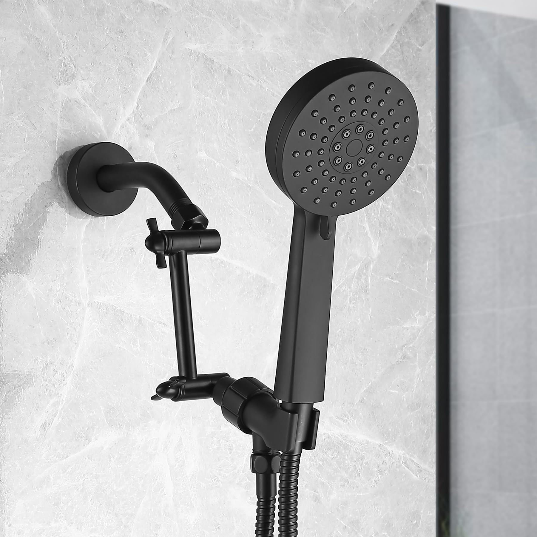 **5 Inch Matte Black Shower Arm Extender - Universal Shower Head Connection, Leak-Proof & Tool-Free Installation - Perfect for Small Bathrooms & Adjustable Shower Height**