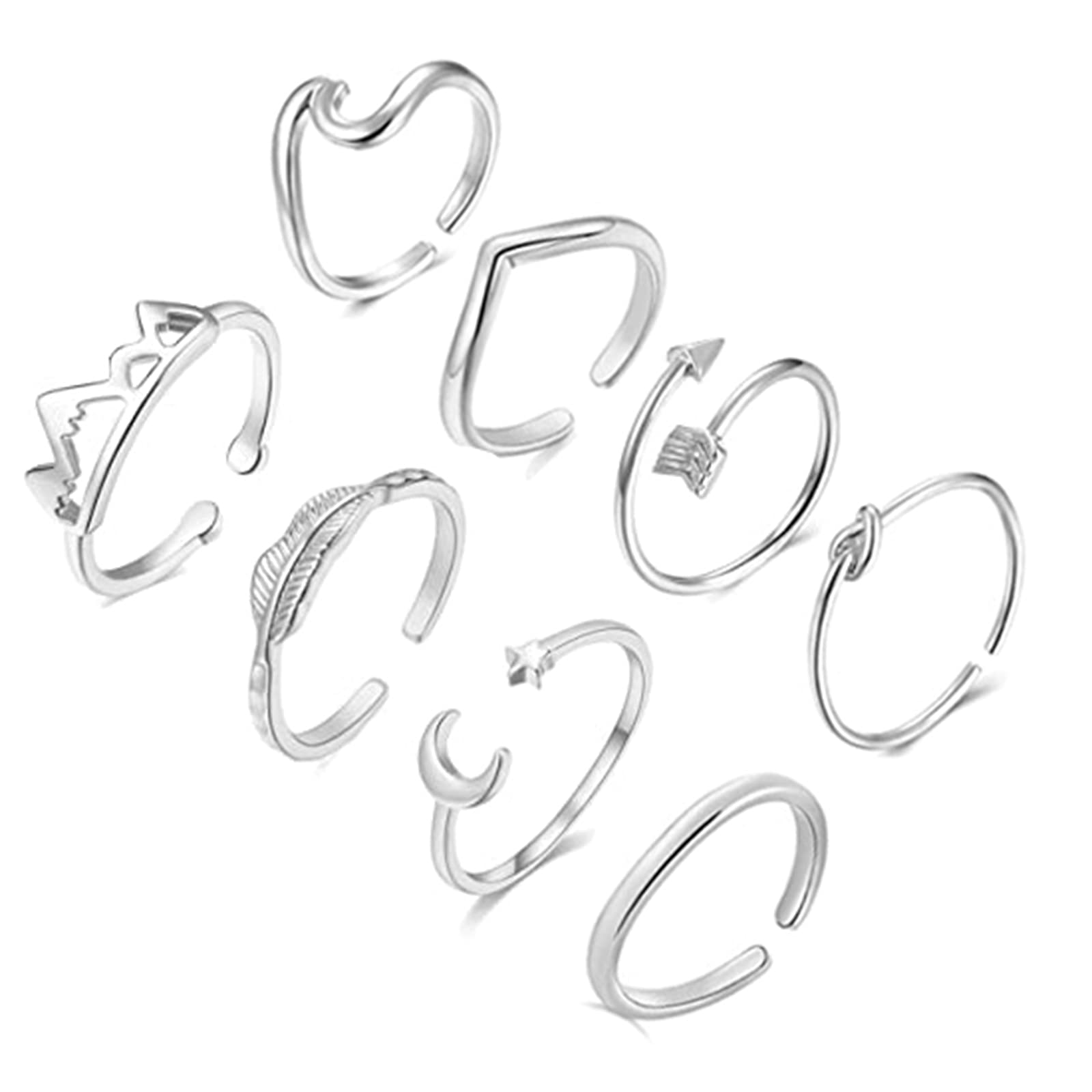 HUASAI 8PCS Stackable Rings for Women & Teen Girls - Adjustable Arrow Knot Wave Design Rings for Everyday Wear, Gift Giving & Fashion Accessories
