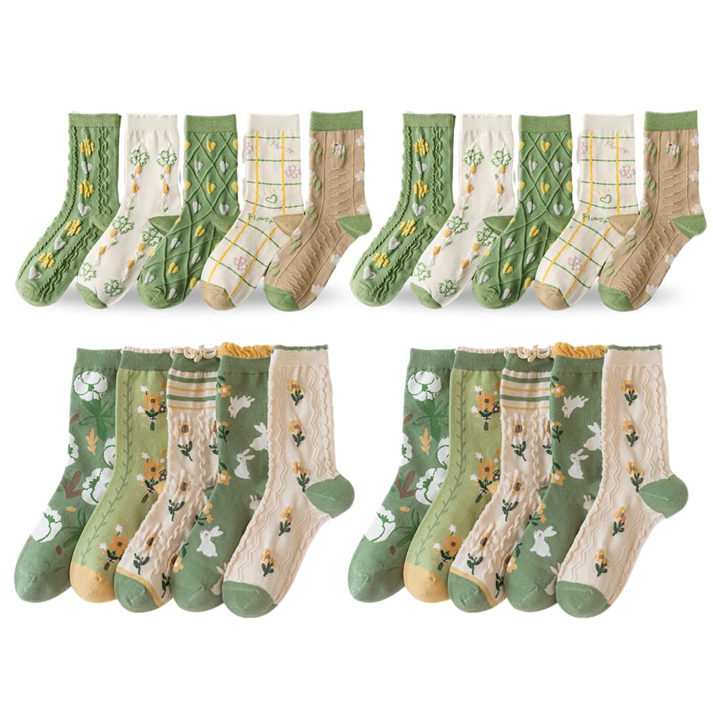Floral Crew Socks for Women & Girls - 5 Pairs of Cotton Flower Aesthetic Novelty Ankle Socks with Ruffled Trim in Green - Perfect for Casual Wear, Dress Outfits & Gift Giving