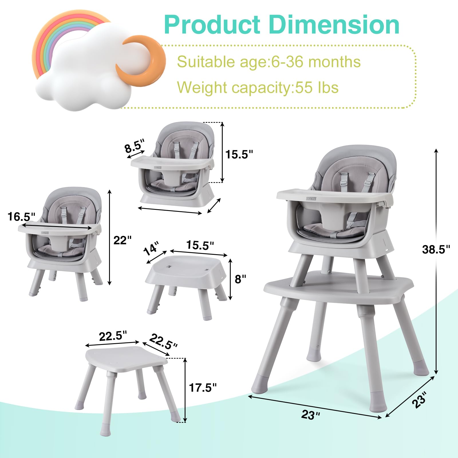 8-in-1 Convertible Baby High Chair with Removable Tray | Multi-Functional Toddler Chair Converts to Kids Table & Chair Set, Building Block Table, Step Stool & Dining Chair (Grey) - Perfect for Feeding, Playtime & Learning Activities
