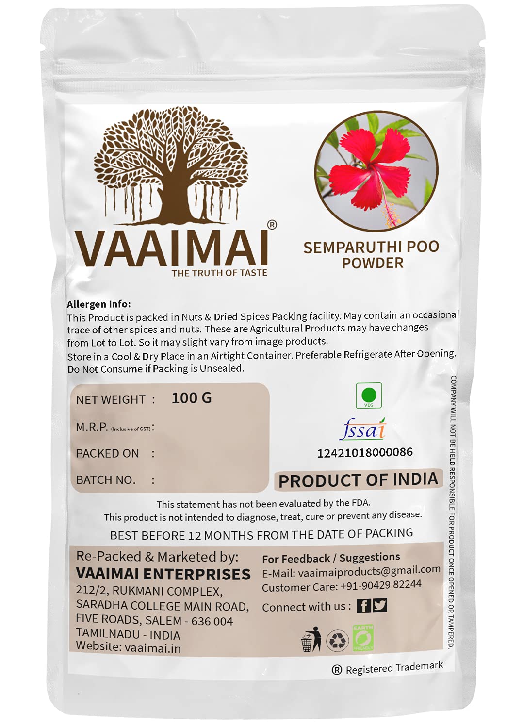 VAAIMAI Semparuthi Hibiscus Rosa-Sinensis Powder - 100g Natural Flower Powder for Hair Care, Skin Care & Ayurvedic Remedies - Perfect for DIY Beauty Treatments & Holistic Wellness