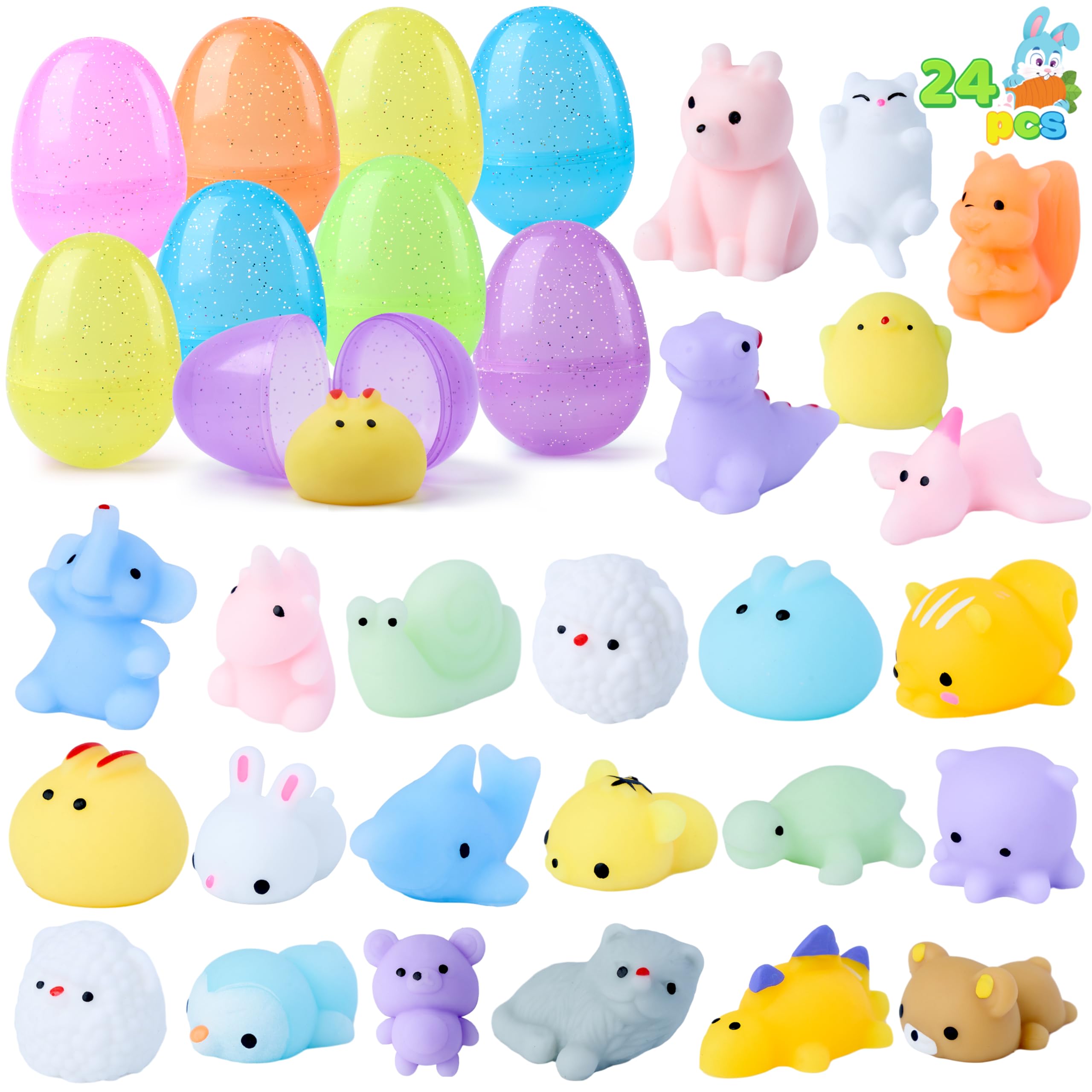 JOYIN 24 Pcs Easter Eggs with Mochi Squishy Toys - Animal Stress Relief Fidget Toys for Easter Basket Fillers, Kids Party Favors & Classroom Prizes - Perfect for Easter Egg Hunts, Birthday Parties & School Rewards
