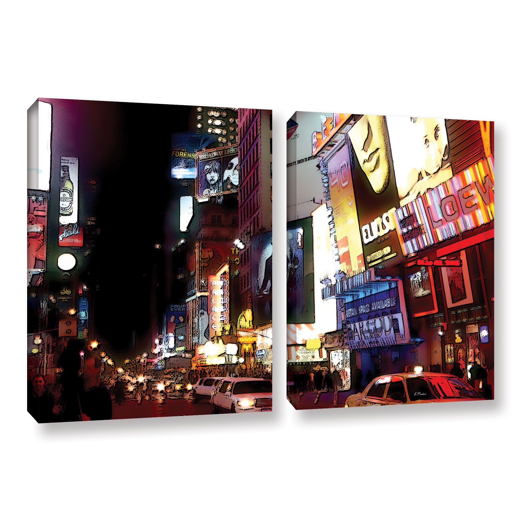 ArtWall Linda Parker's NYC Bright Lights Broadway 2-Piece Canvas Wall Art Set - 32x48 Inches Gallery Wrapped Modern Painting for Living Room, Bedroom & Office Decor