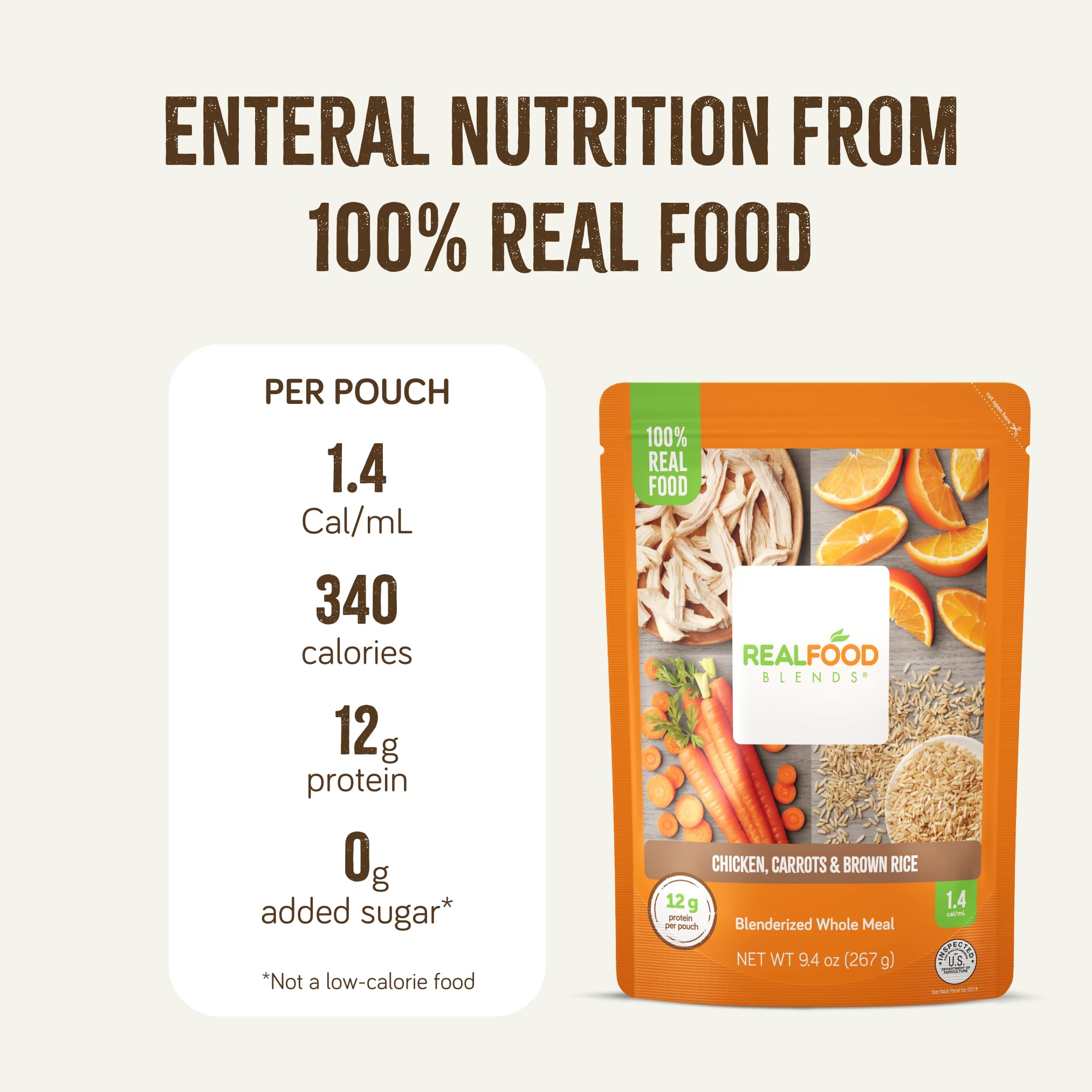Real Food Blends Chicken, Carrots & Brown Rice Puree - High Protein Tube Feeding Meals with Vegetables & Fruits - 340 Calorie Nutrient-Rich Pureed Food for Adults & Seniors - Easy Lunch & Dinner Solution - 9.4 oz (Pack of 12) - Ideal for Home Care, Hospitals & Recovery Meals