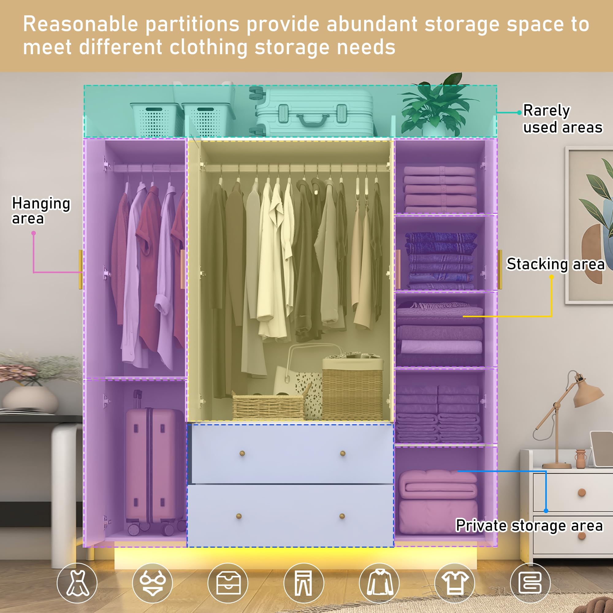 Modern White 4-Door Wardrobe Closet with Mirrors, LED Lights, Drawers & Shelves - Wooden Bedroom Armoire with Hanging Rod | Perfect for Master Bedroom, Guest Room & Dorm Organization