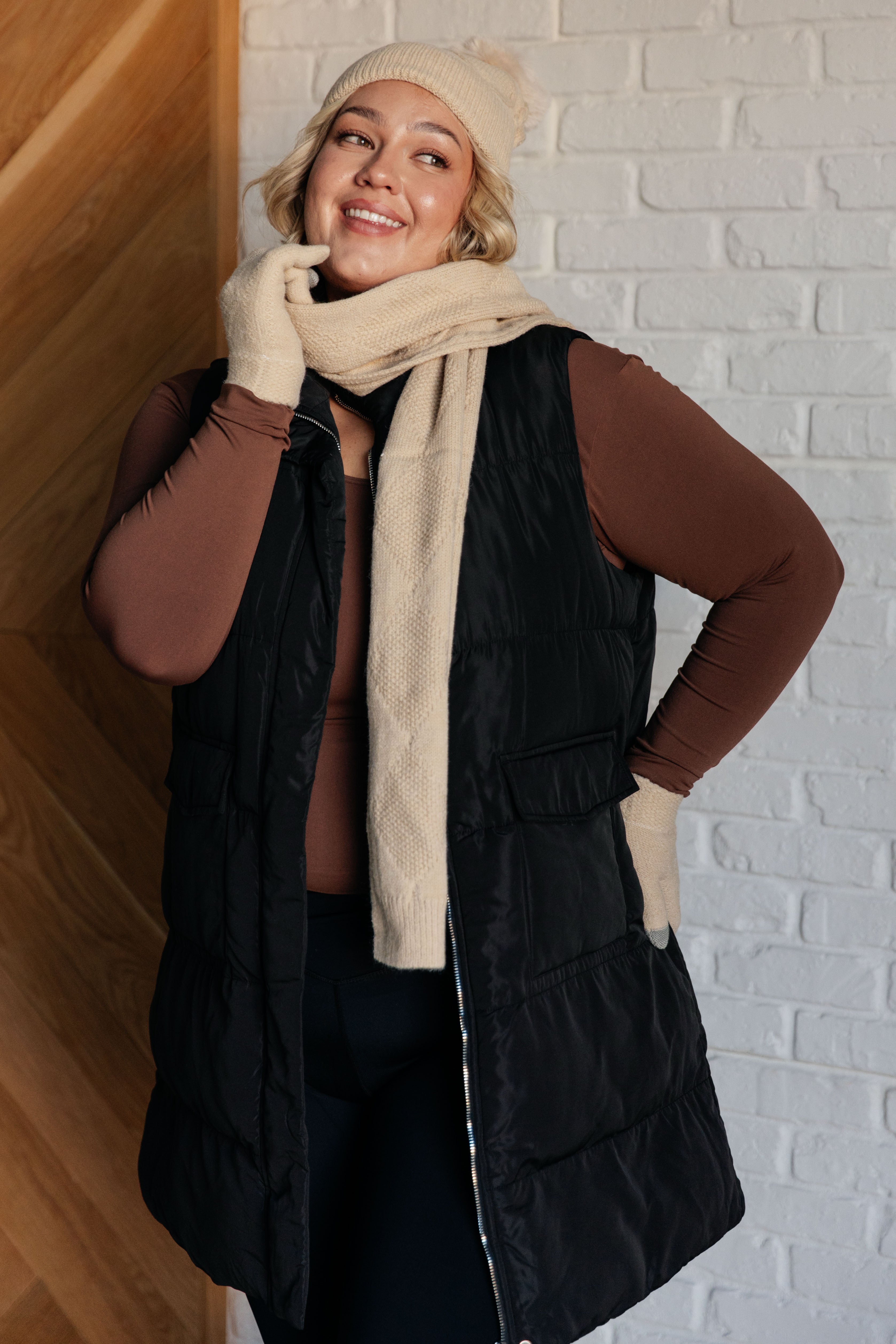 Jane Frost Beanie, Glove, and Scarf Set in Beige - Winter Knit Accessories for Women | Cozy & Warm for Outdoor Activities, Skiing, and Snowboarding