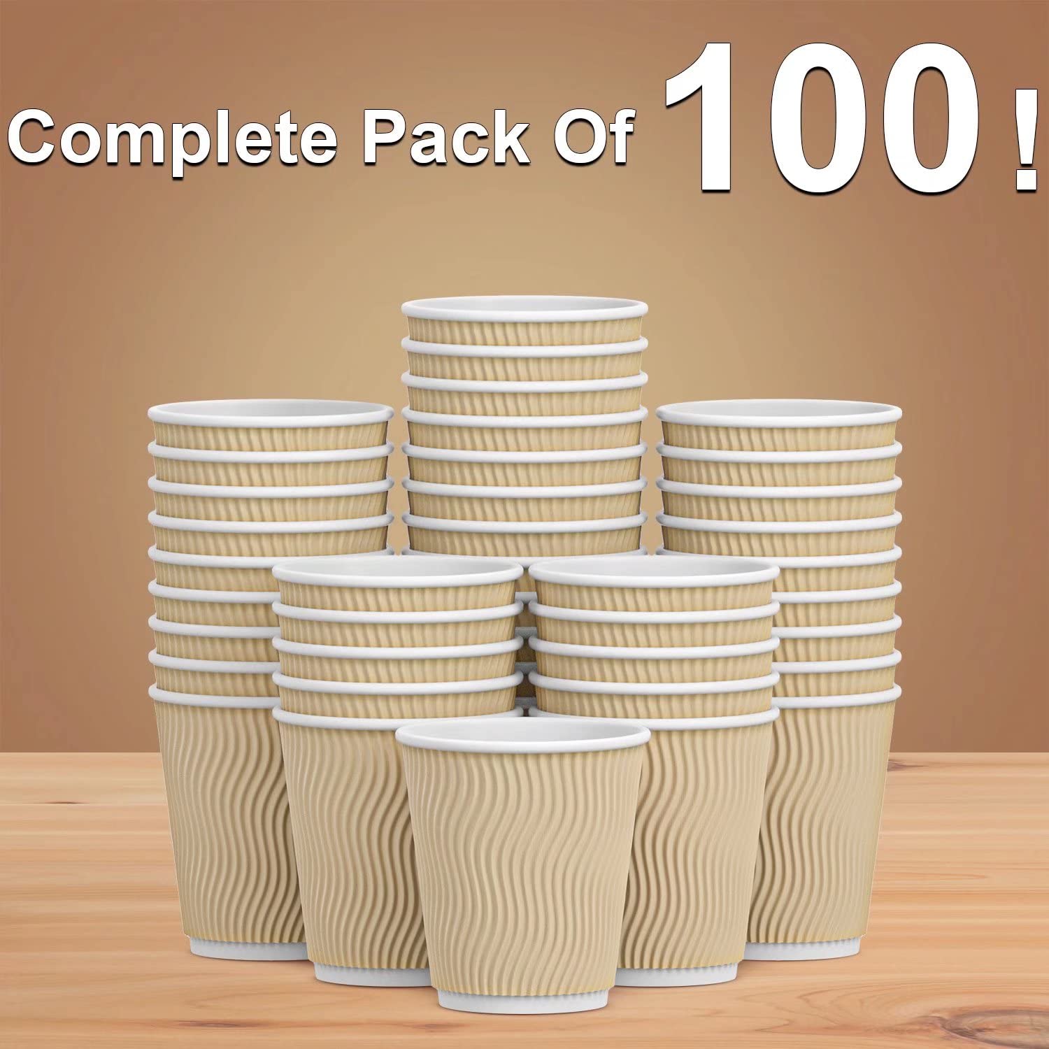 8 oz Disposable Insulated Coffee Cups - 100 Pack Brown Corrugated Ripple Wall Paper Hot Drink Cups for Coffee, Tea, Hot Chocolate - Perfect for Cafes, Offices, and Takeout