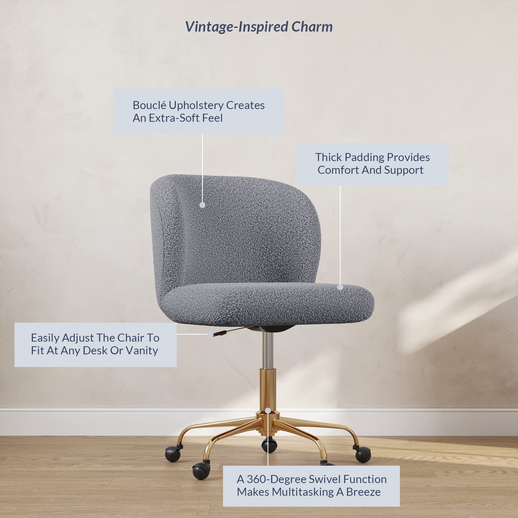 BELLEZE Modern Upholstered Boucle Swivel Office Chair with Adjustable Height, Rolling Wheels - Stylish Comfy Desk Chair for Home Office, Vanity or Study Room (Gold & Gray) - Perfect for Work, Gaming & Makeup Station