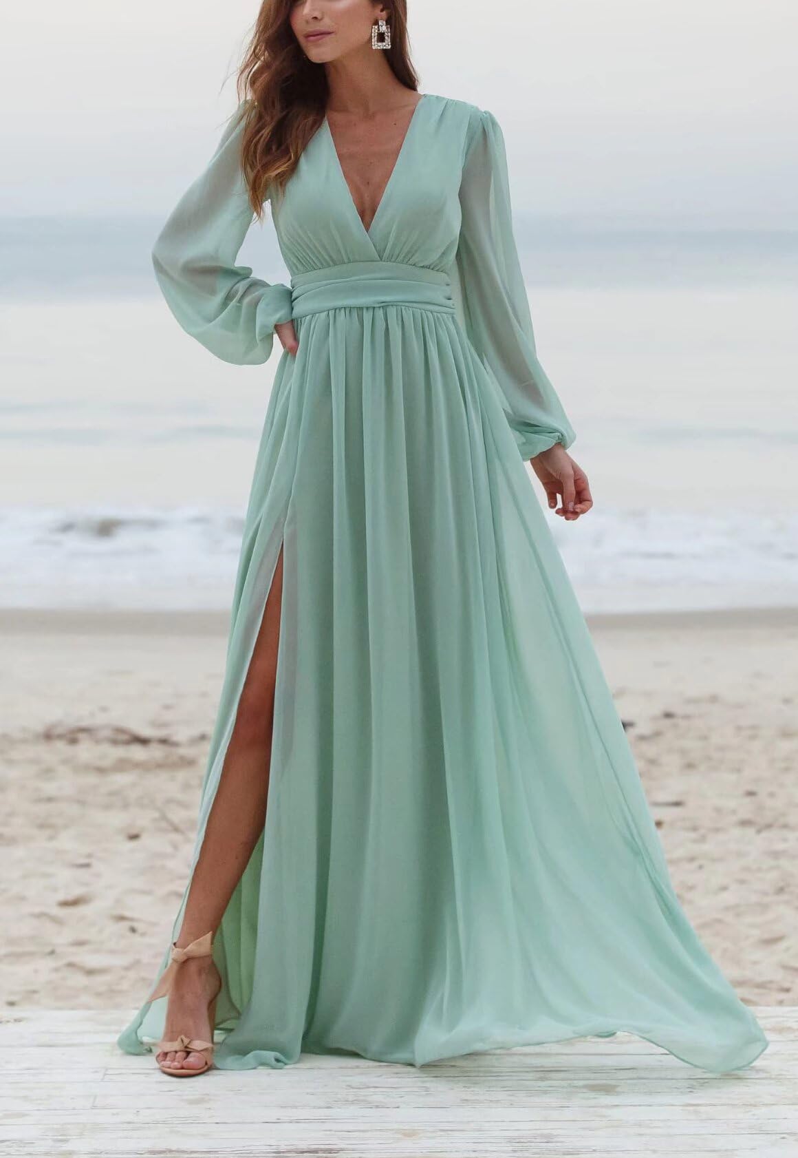 Elegant Long Sleeve V-Neck Chiffon Bridesmaid Dresses with High Slit - Formal Evening Gowns for Women Wedding Guest, Party & Special Occasions