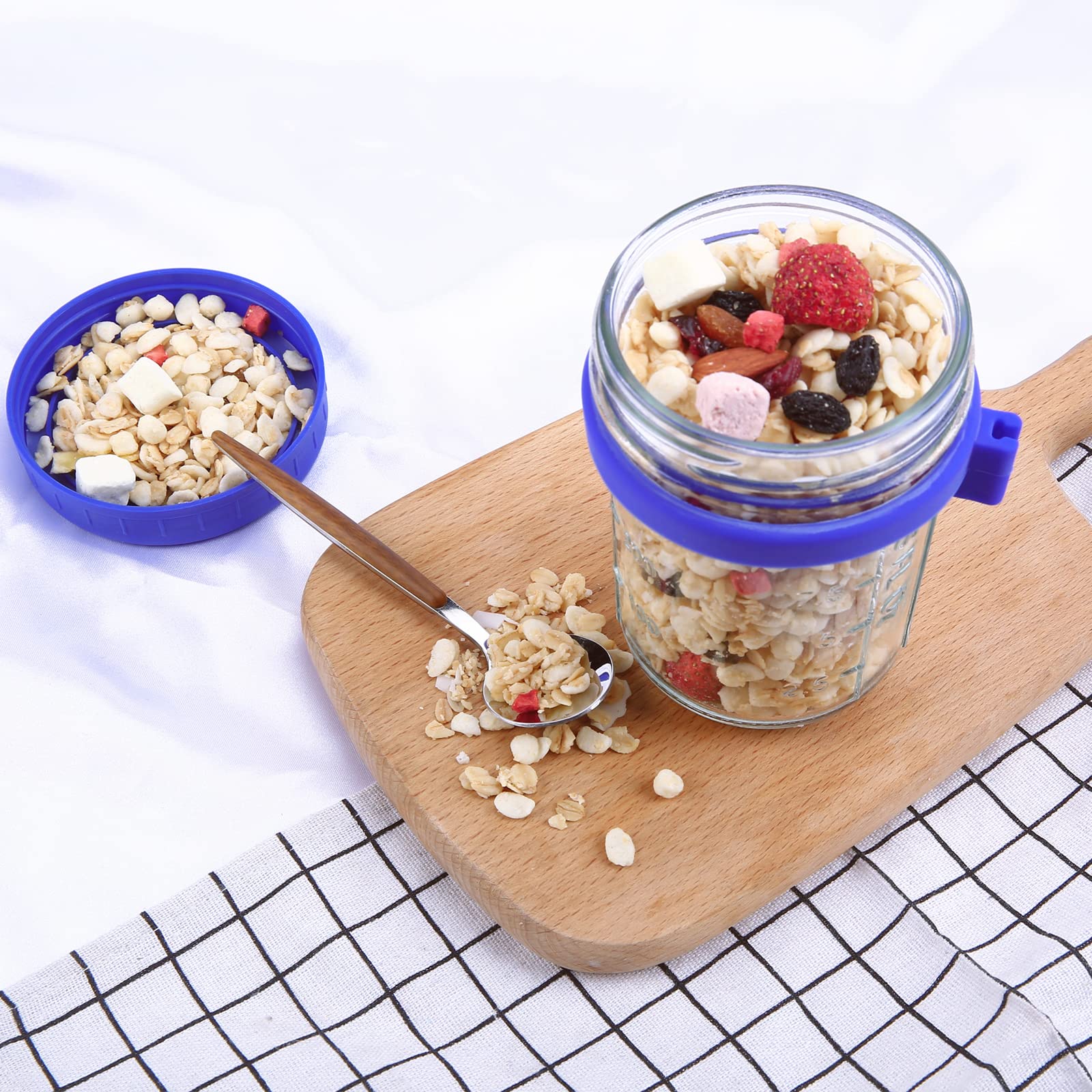 Oursouion 4 Pack Reusable Glass Overnight Oats Jars with Lids & Spoons - BPA-Free Meal Prep Containers with Measurement Marks for Oatmeal, Yogurt, Cereal & Fruit - Perfect for Healthy Breakfast, Office Lunch & Meal Prepping