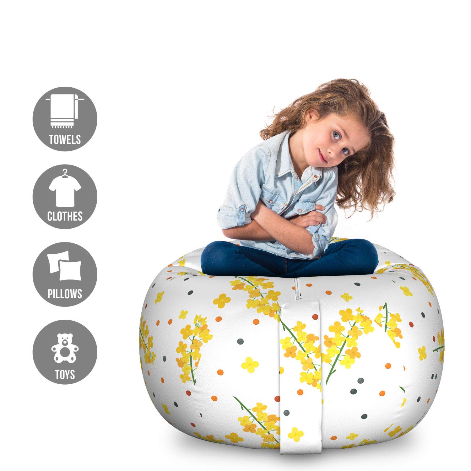 Ambesonne Mustard Floral Branch & Polka Dot Toy Storage Bag Chair - Large Washable Stuffed Animal Organizer for Kids' Room, Nursery, or Playroom Decor