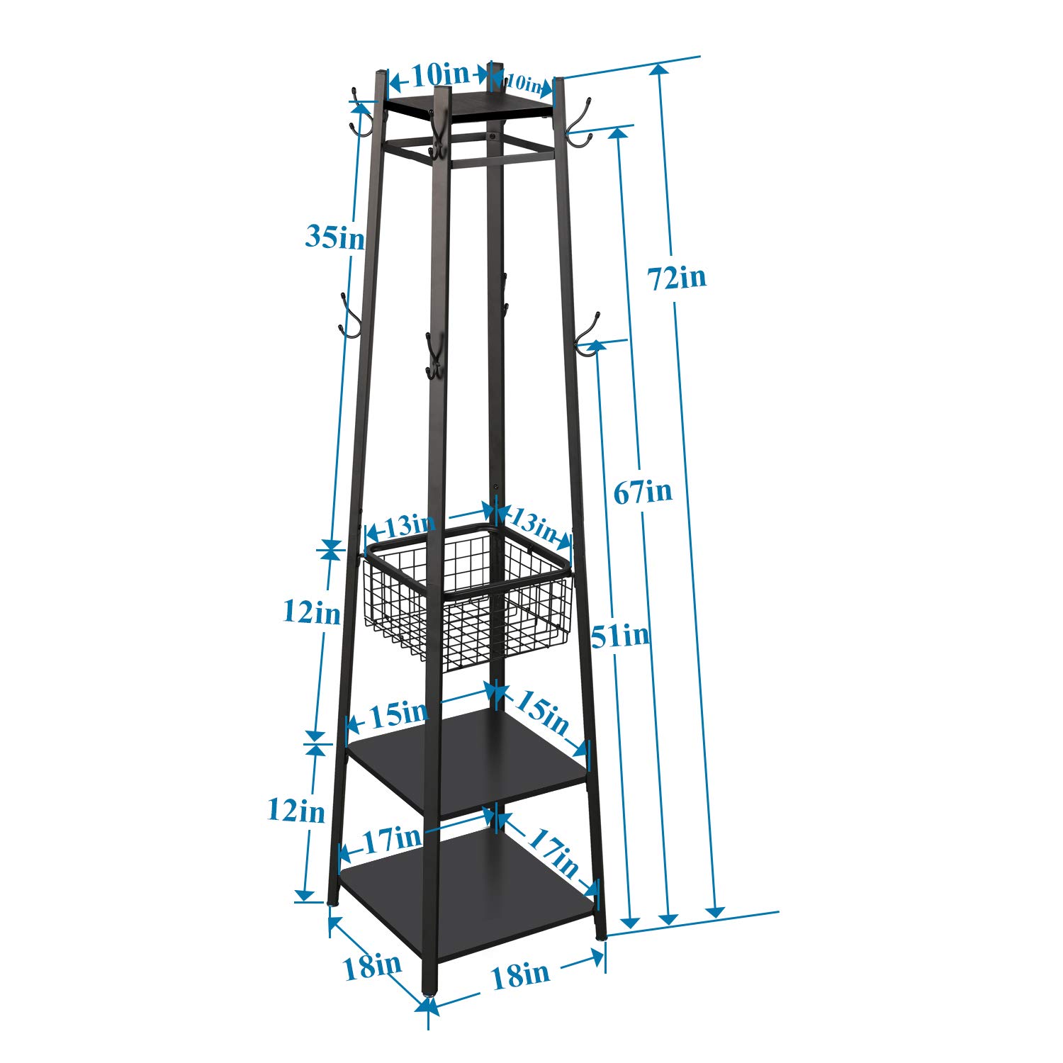 VECELO Heavy Duty Industrial Coat Rack with 2-Tier Storage Shelves & Metal Basket - 8 Dual Hooks Entryway Hall Tree for Jackets, Hats & Bags - Perfect for Mudroom, Entryway & Commercial Spaces (Black)
