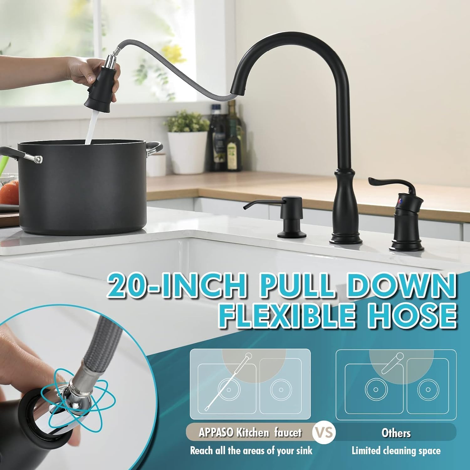 APPASO Matte Black 3-Hole Kitchen Faucet with Pull-Down Sprayer & Soap Dispenser - 3-Piece Set with Separate Handle for Modern Sink Installation | Perfect for Home Kitchen Renovation & Commercial Use