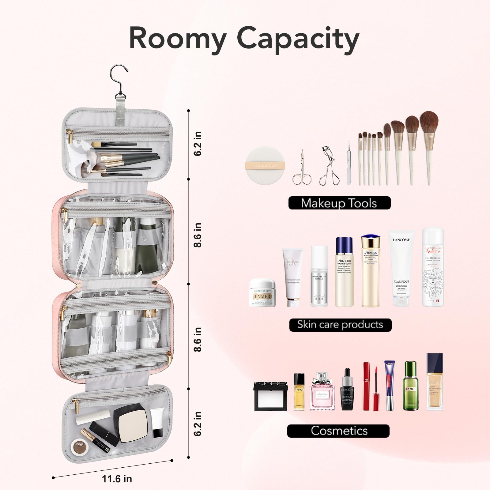 BOOMRICH Waterproof Hanging Toiletry Bag for Women - Travel Cosmetic Organizer with Multiple Pockets, Pink Makeup Bag for Bathroom & Shower - Perfect for Vacation, Gym, and Business Trips