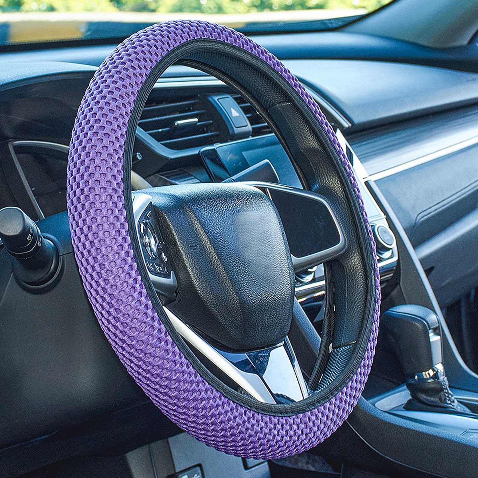 Elastic Stretch Steering Wheel Cover - Soft, Breathable Ice Silk Car Steering Wheel Protector - Fits 15 Inch Wheels - Purple - Perfect for Summer Driving & Hot Weather Comfort