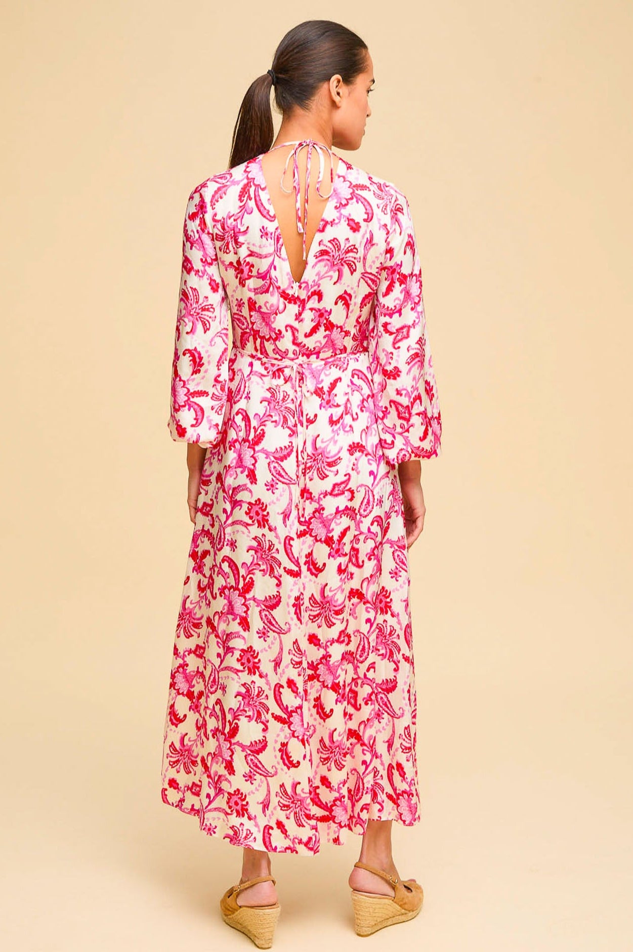 Hannah Satin Dress for Women - Elegant Paisley Floral Print in Cream, Red & Pink Colors | Perfect for Weddings, Parties & Special Occasions