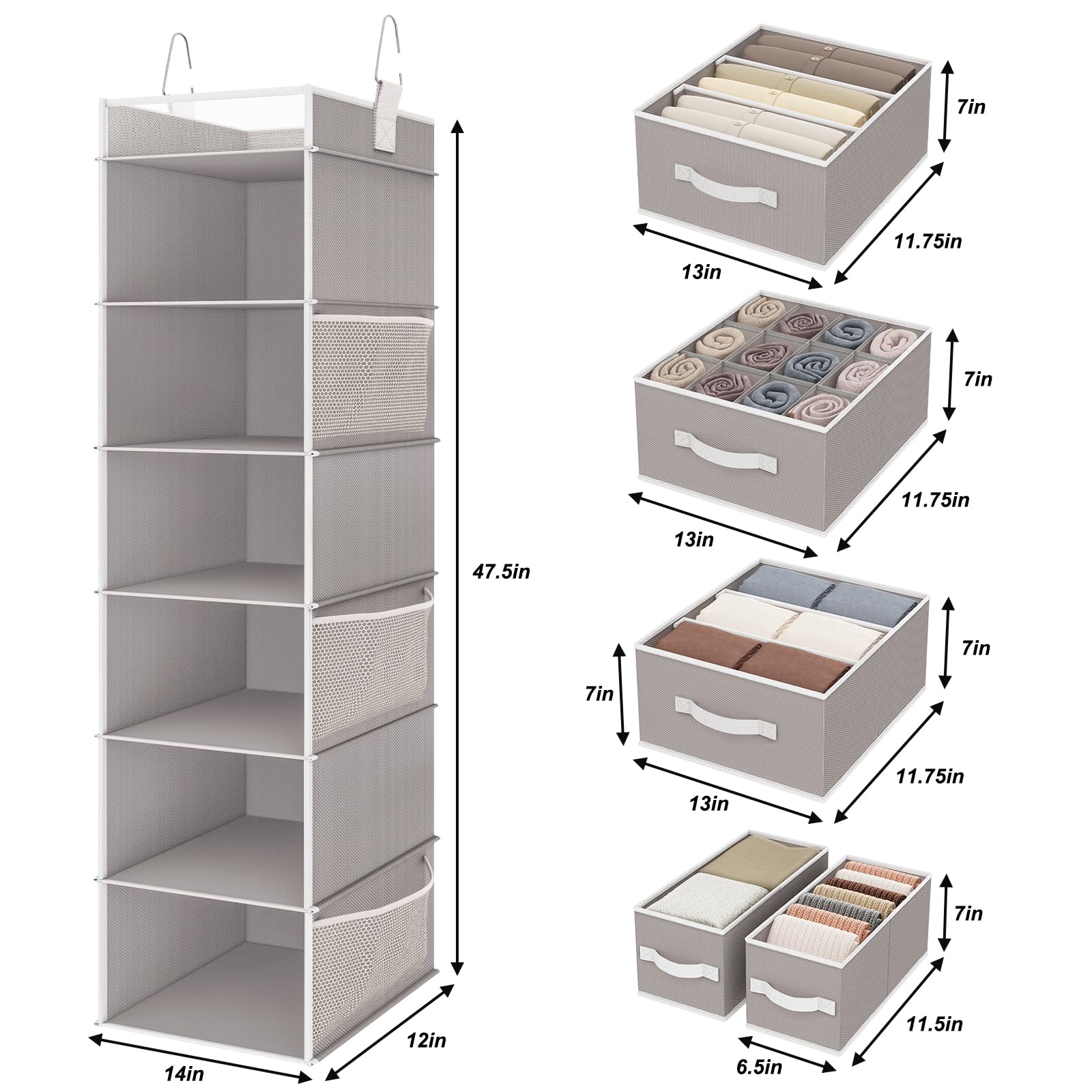 Fixwal 7-Shelf Hanging Closet Organizer with 5 Removable Drawers & 6 Side Pockets - Space Saving Storage for Bedroom, Closet, or Garment Rack - Light Gray - Perfect for Organizing Clothes, Shoes, Toys & Accessories