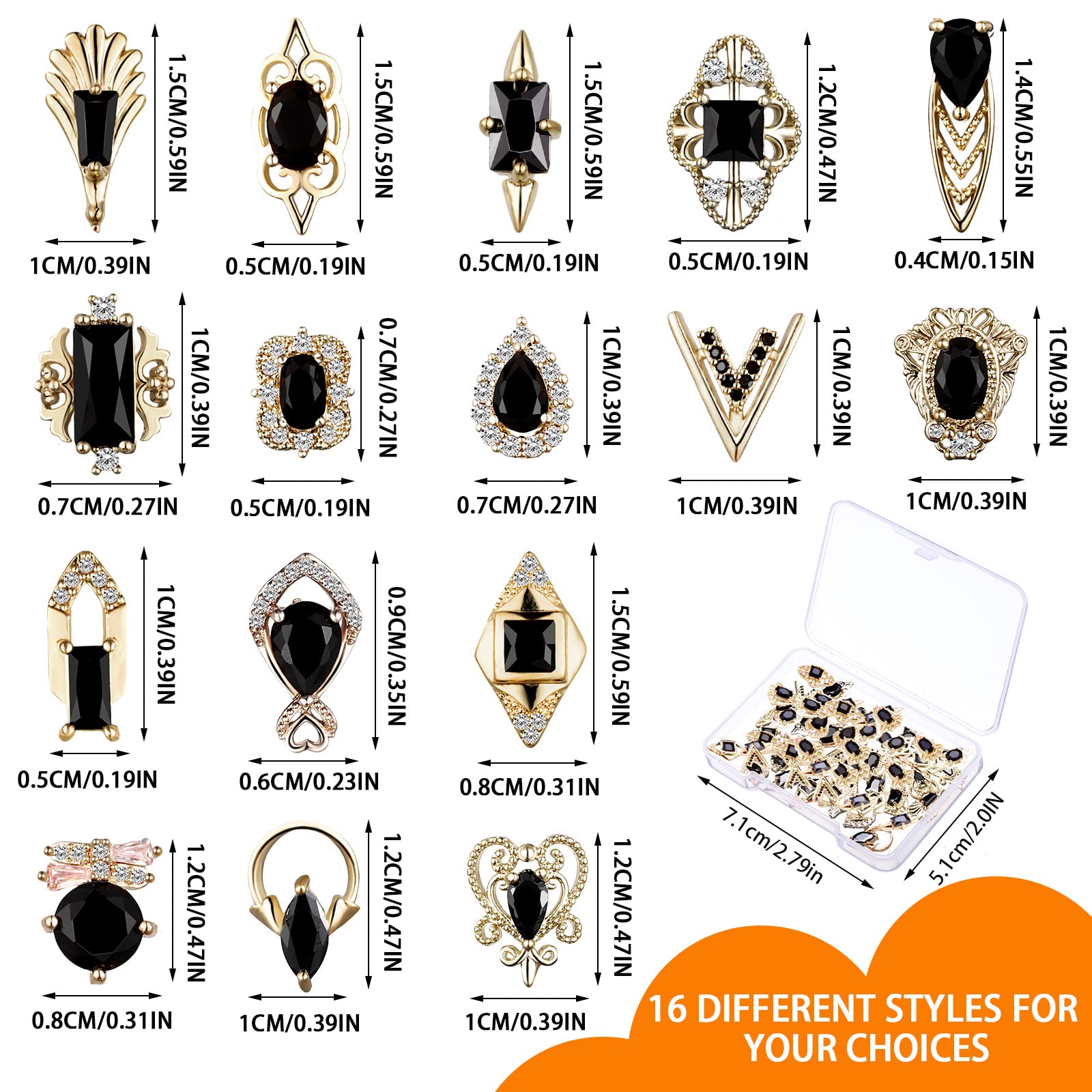 24-Piece 3D Gold & Black Rhinestone Nail Charms - Luxury Black Zircon Crystals for Acrylic Nails - Includes Storage Box - Perfect for DIY Nail Art, Salon Professionals & Home Manicures