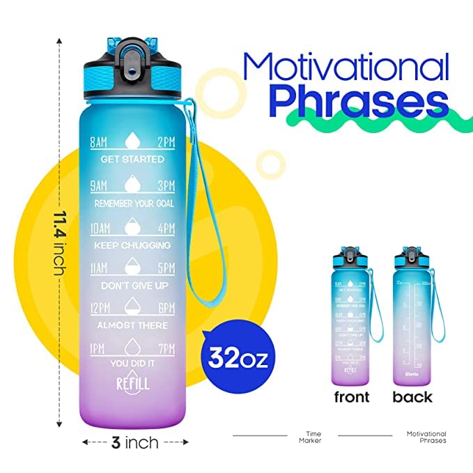 32oz BPA-Free Leakproof Water Bottle with Time Marker & Straw - Ombre Green & Purple - Stay Hydrated All Day for Gym, Hiking, Office & Travel (Pack of 1)