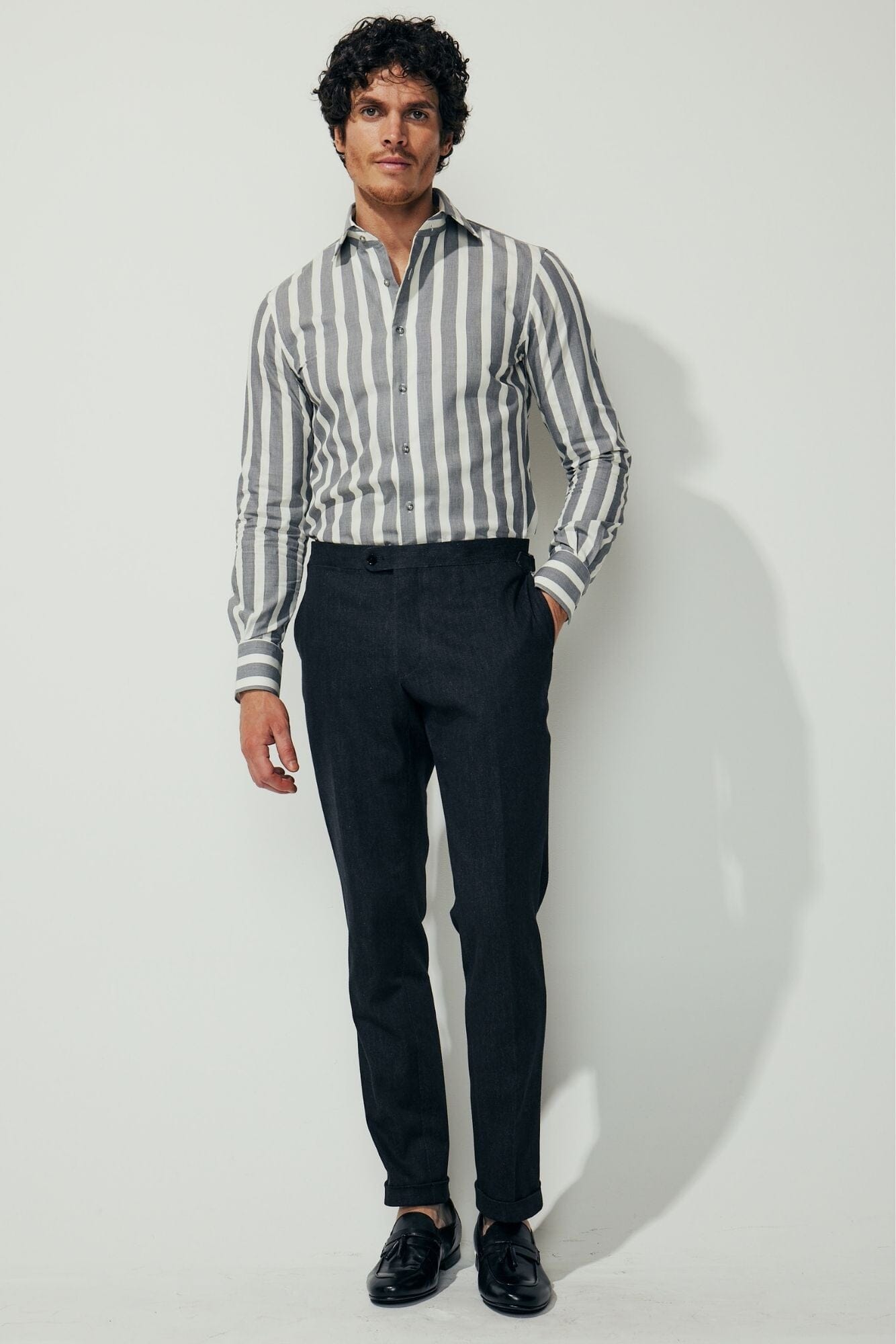 Cooper Super Lux Premium Cotton Shirt - Grey and White Wide Stripe Button Down for Men | Business Casual & Office Wear