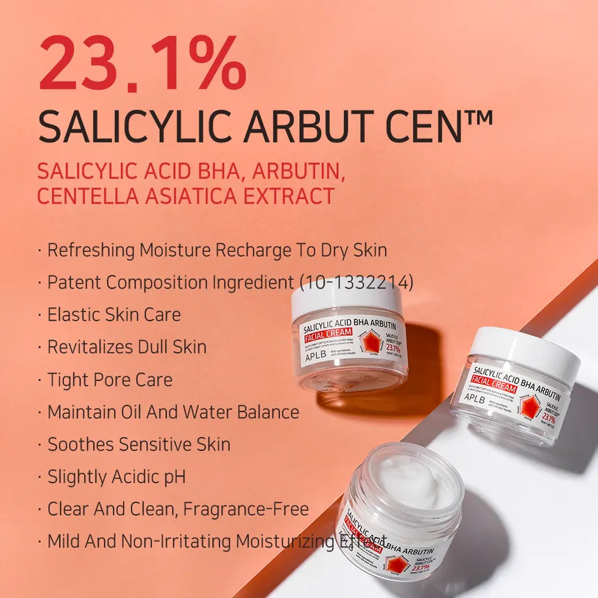 APLB Salicylic Acid BHA & Arbutin Facial Cream 55ml - Brightening & Exfoliating Face Moisturizer for Acne-Prone Skin | Day & Night Use