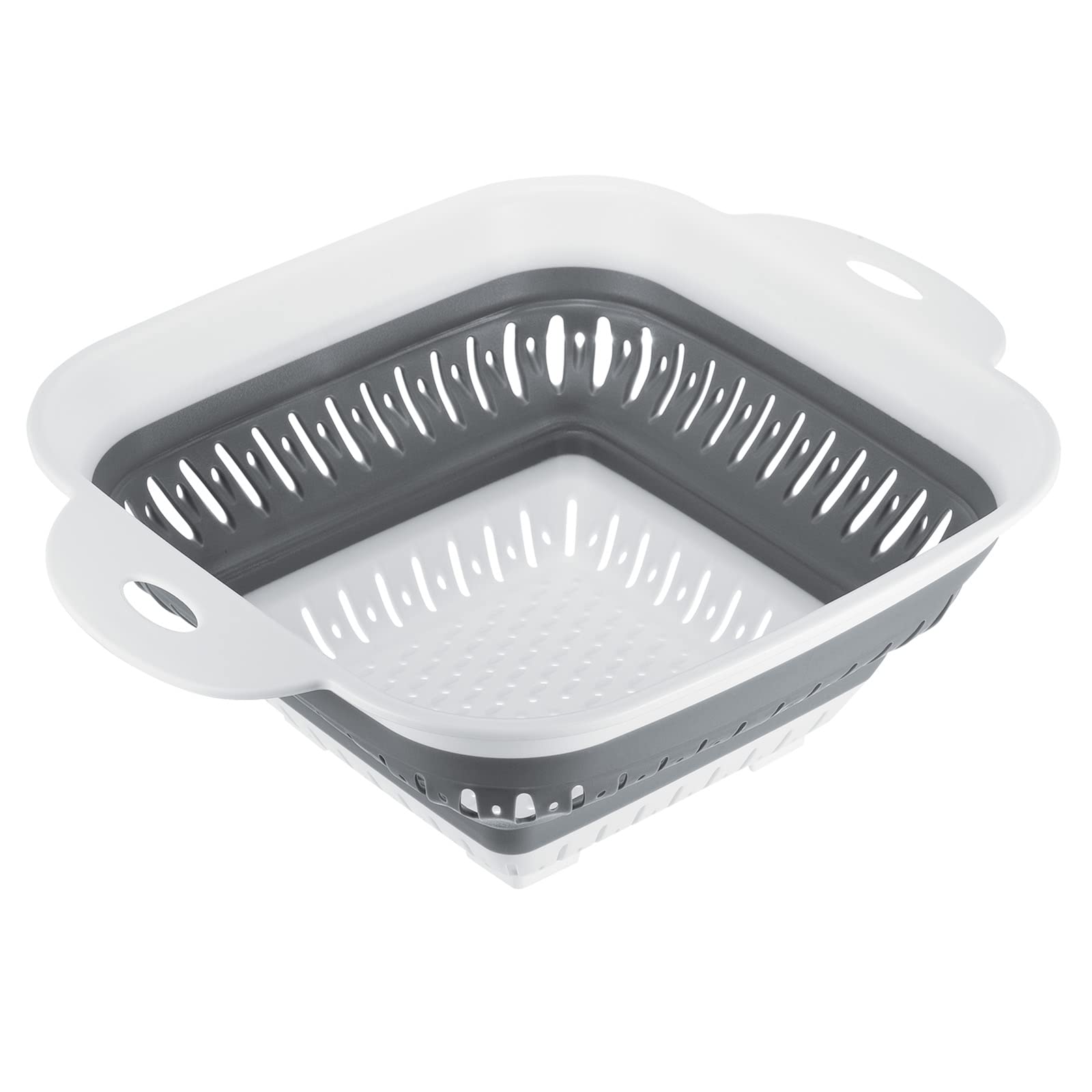 CASA-J Collapsible Silicone Colander with Handles - Square Food Strainer for Draining Pasta, Potatoes, Fruits & Vegetables - Space-Saving Kitchen Essential for Small Spaces & Camping - Grey