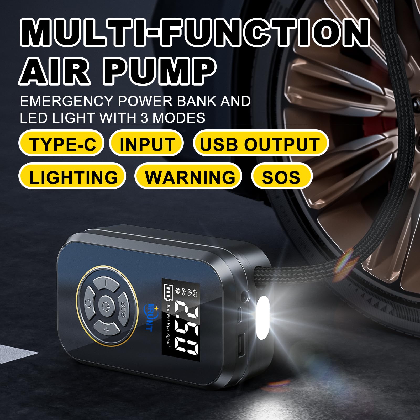 Portable Electric Air Compressor Pump - 4000mAh Battery, 130 PSI, LED Light & Auto Shutoff - Digital Pressure Gauge for Car Tires, Bike, Motorcycle - Perfect for Road Trips, Camping & Emergency Tire Inflation