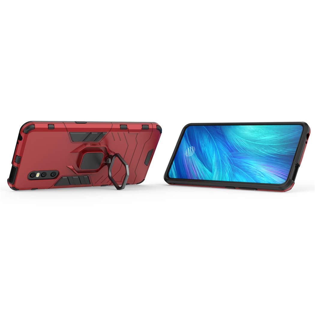 Shockproof Hard Bumper Case for Vivo X27 with Metal Ring Grip & Kickstand - Magnetic Car Mount Compatible, Dual Layer Rugged Protective Cover (Red) - Perfect for Outdoor Activities, Travel, and Daily Use