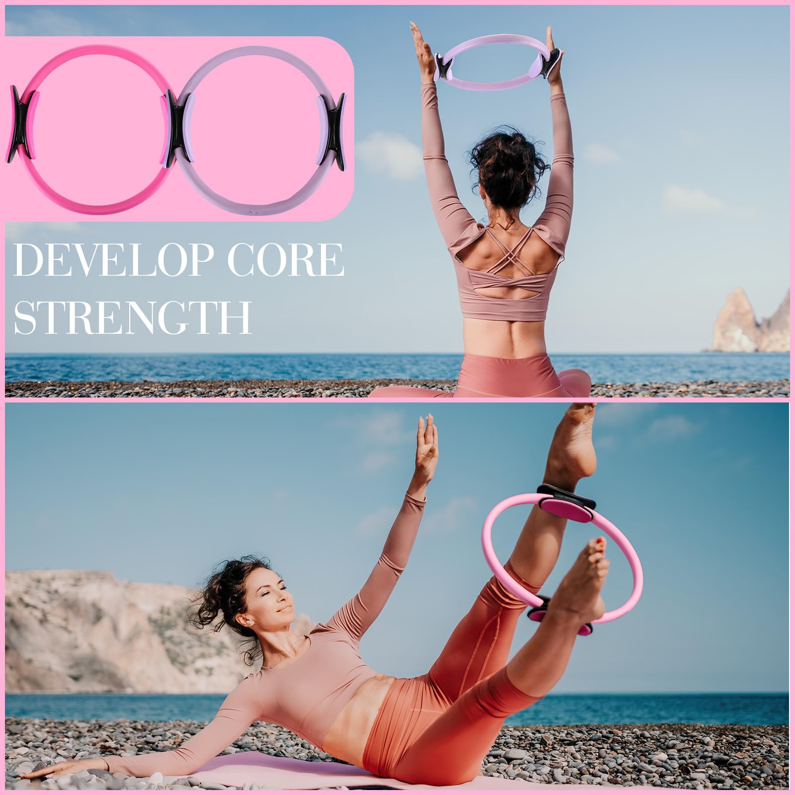 Poen 14-Piece Pilates Ring and Ball Set for Women - Fitness Circle, Resistance Bands, Stretching Strap, Non-Slip Socks & Gym Bag - Home Workout, Yoga, Barre & Pilates Exercise Equipment for Core Strength & Toning