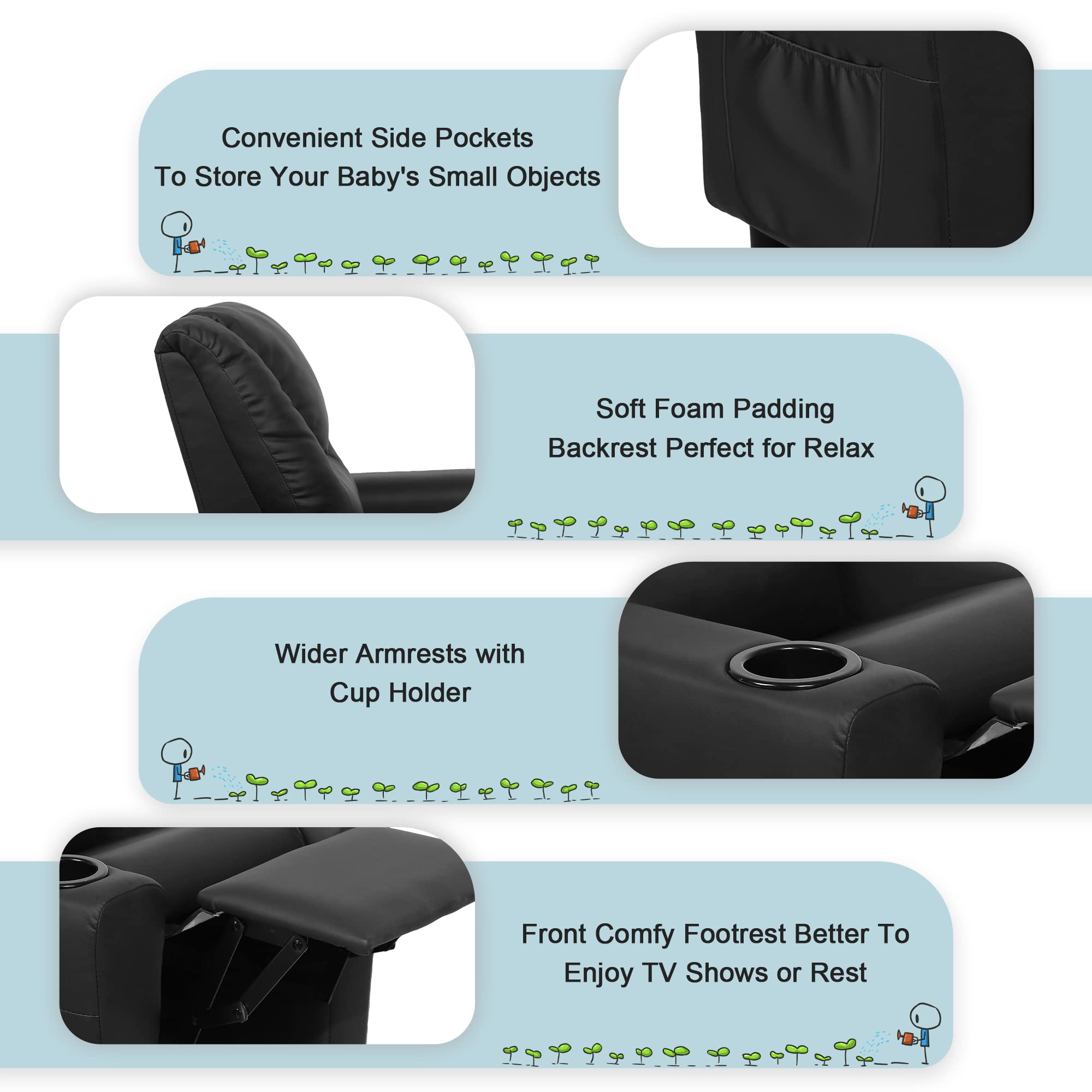 **Kids Recliner Chair with Cup Holder & Side Pockets - Toddler Recliner for Boys & Girls Ages 0-5, Non-Slip Footstool Included - Perfect for Playrooms, Bedrooms & Movie Nights (Black)**