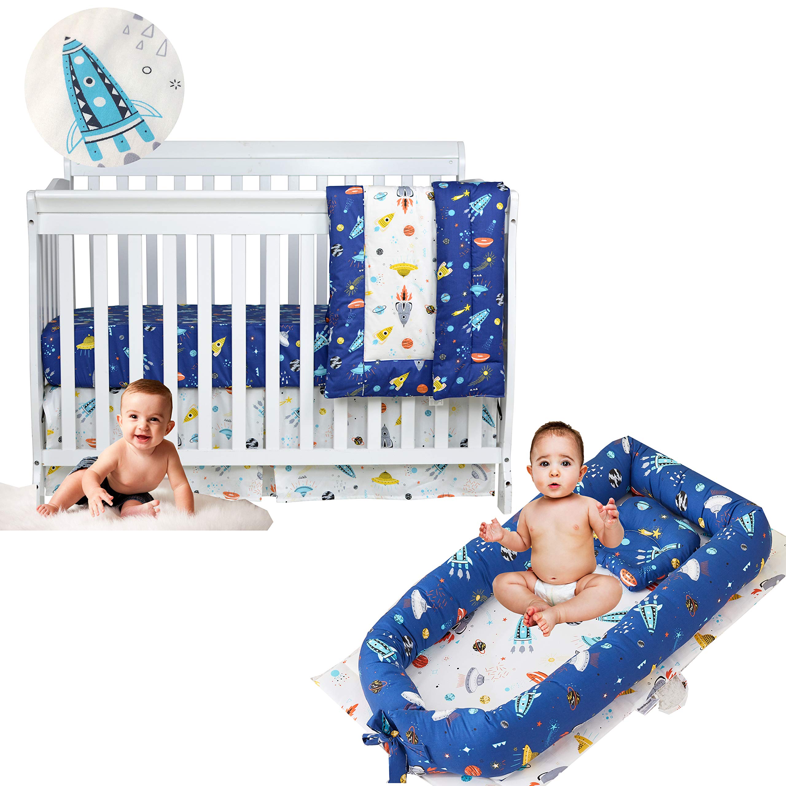 Brandream Outerspace Galaxy Baby Comforter Set - 3 Piece Crib Bedding + 2 Piece Bassinet Set with Rocket & Planet Design, 100% Cotton - Perfect for Nursery Decor & Newborn Gift