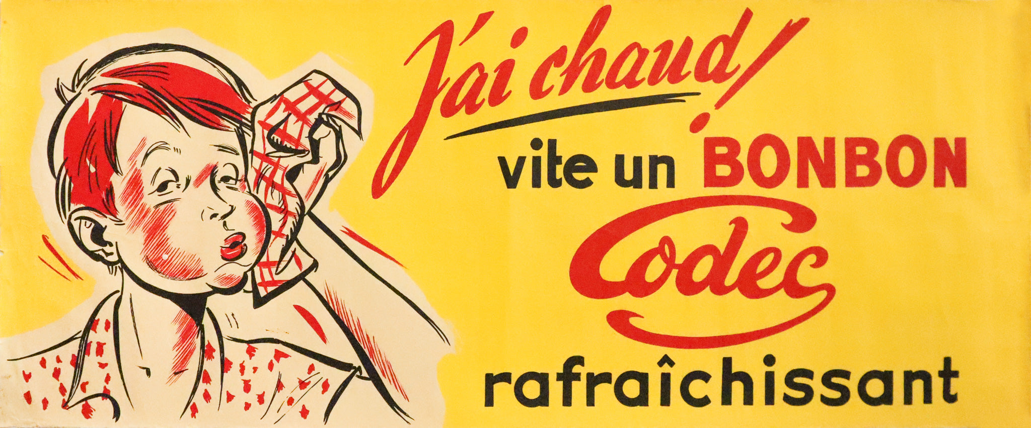 Vintage 1940s French Advertising Poster - J'ai Chaud! Vite un bonbon Refreshing Codec - Perfect for Retro Home Decor & Collector's Wall Art
