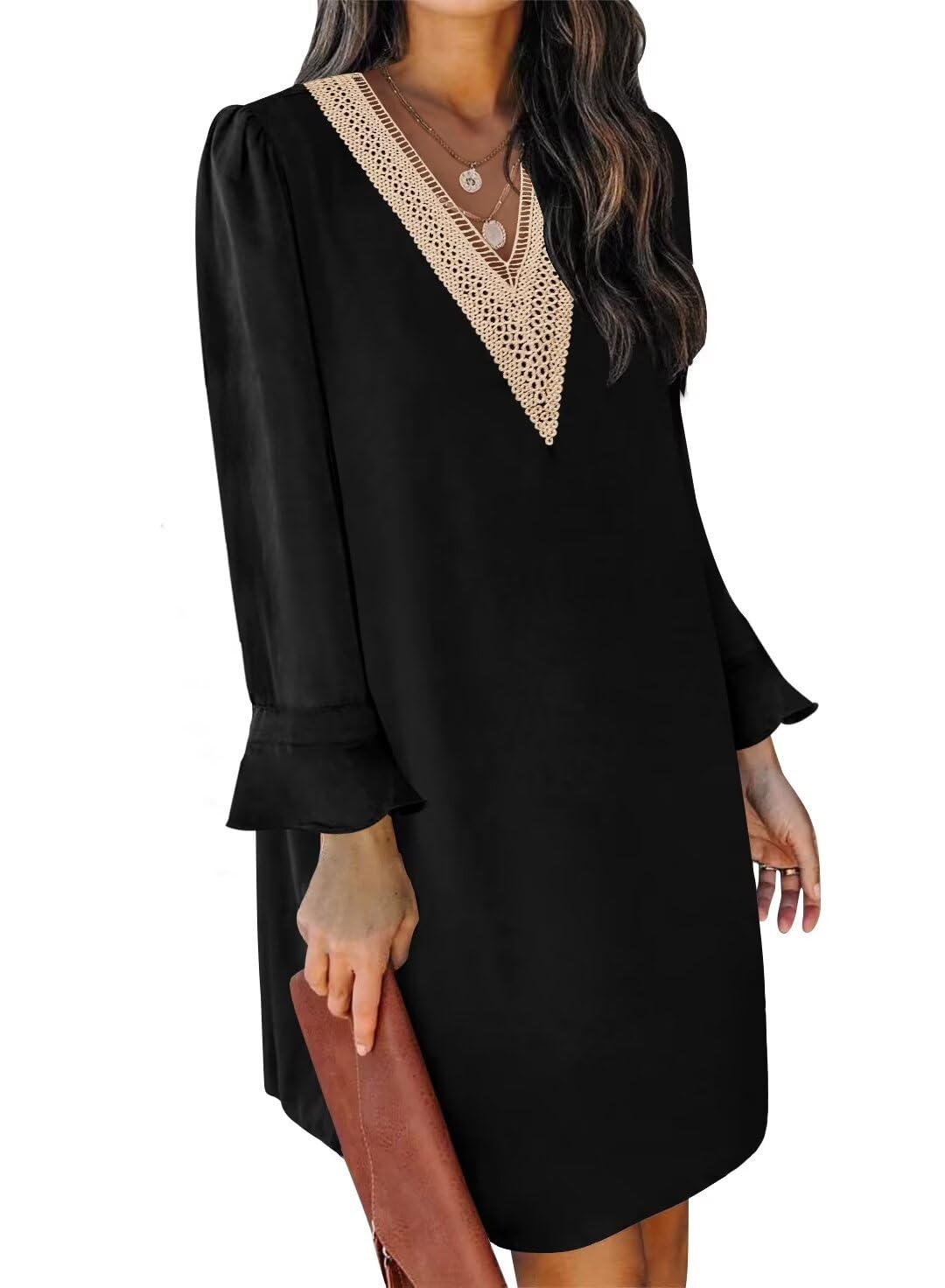 QACOHU Women's V-Neck Ruffle Long Sleeve Flowy Shift Dress - Casual Loose Fit for Spring Summer & Autumn Winter | Perfect for Office, Date Night & Weekend Outings