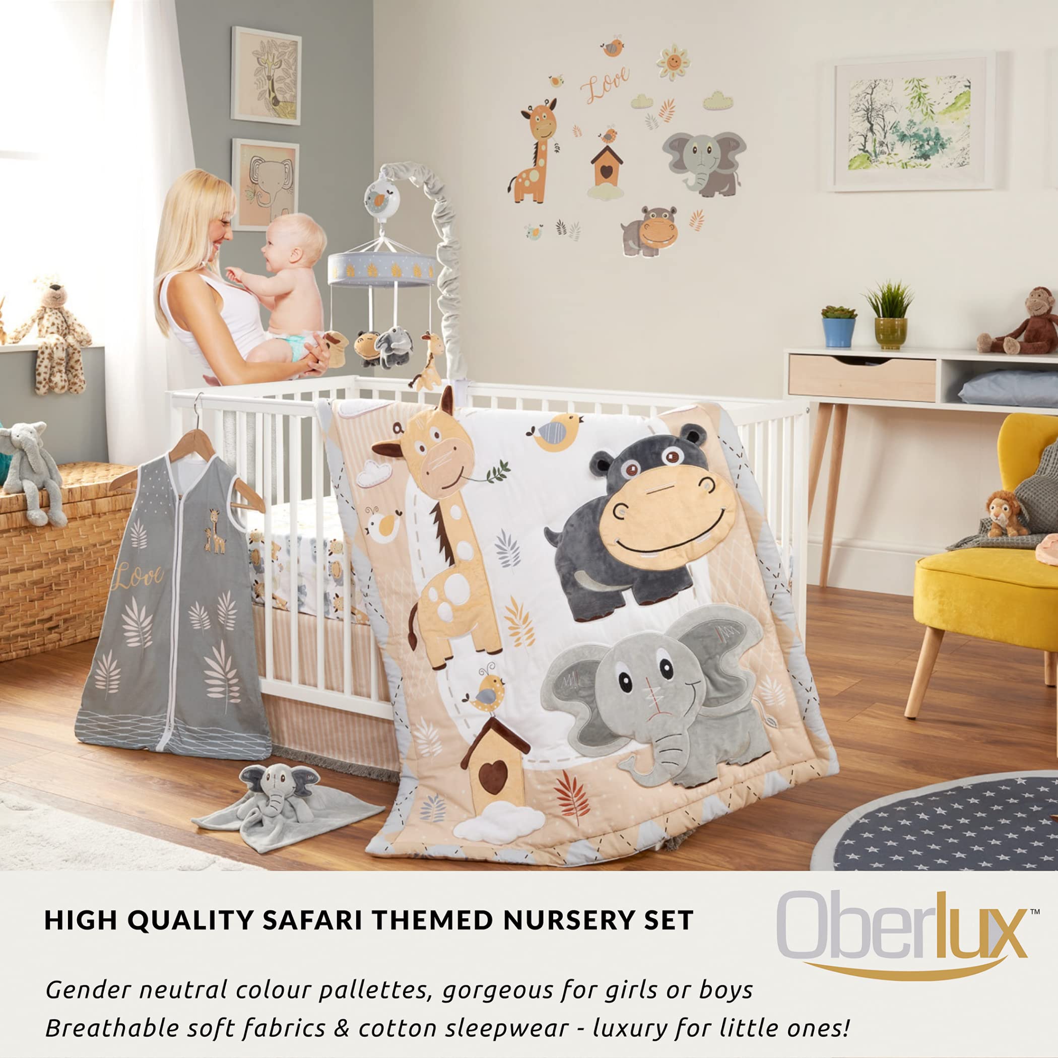 8-Piece Jungle Animal Safari Crib Bedding Set for Boys & Girls - Gray/Tan/White Nursery Bedding | Perfect for Baby Showers & Nursery Decor
