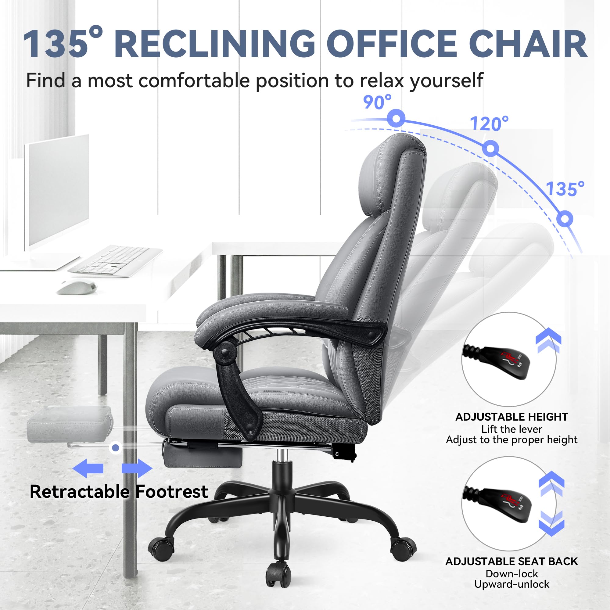 Big and Tall Reclining Executive Leather Office Desk Chair with Footrest and Lumbar Support - Ergonomic High Back Chair for Home Office, Gaming, and Conference Rooms