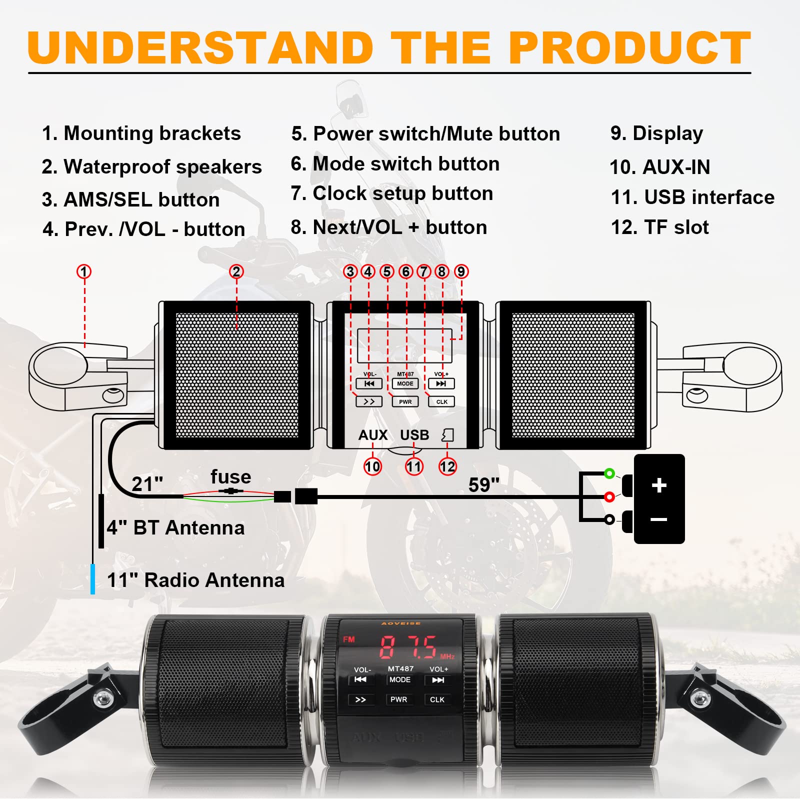 Motorcycle Speaker Systems BT Waterproof Stereo Speakers Bar Mount 7/8-1.25 inch with AUX-in, USB, microSD, FM Radio, Audio Amplifier System for Motorcycle ATV UTV (MT487) - Perfect for Outdoor Adventures and Road Trips