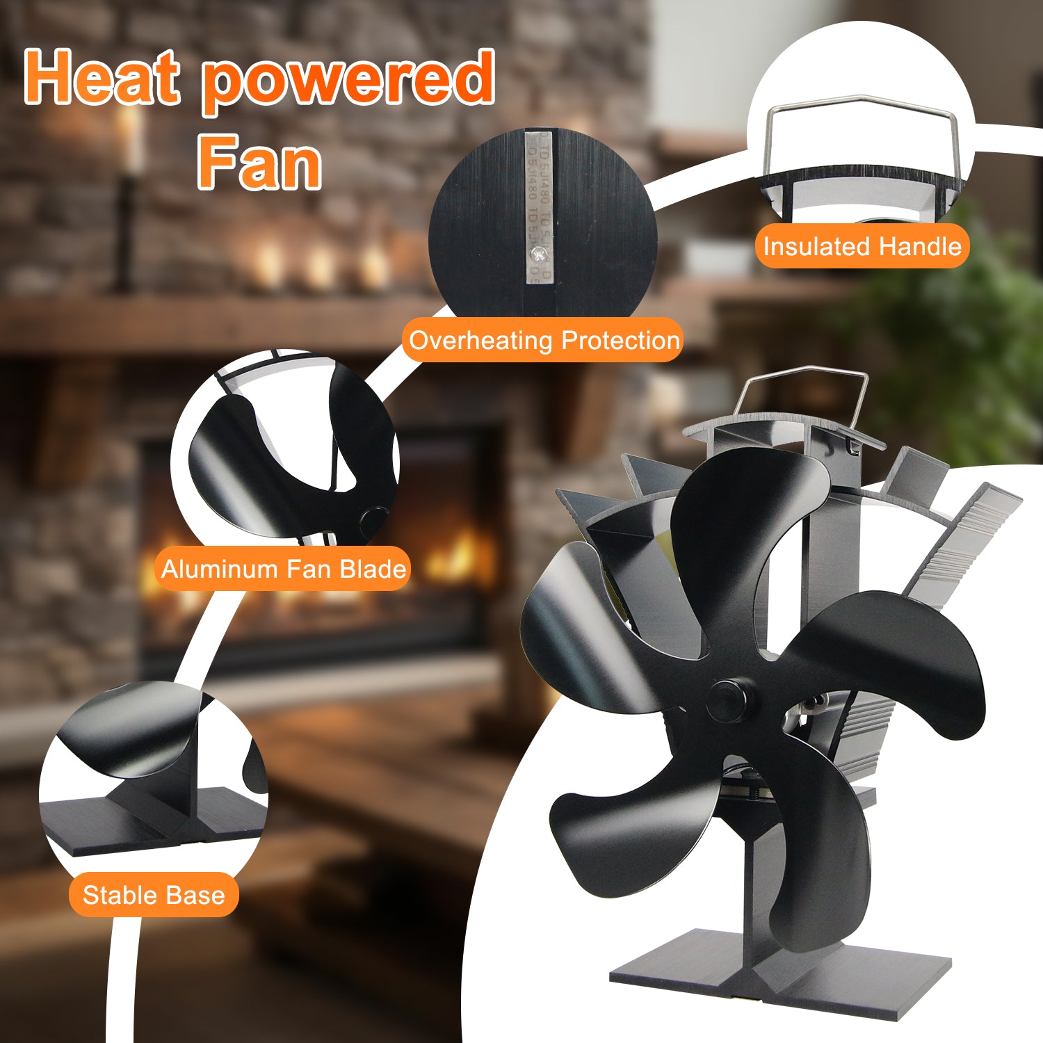 5 Blade Stove Fan VDST615B - Efficient Heat Circulation for Wood Burning Stoves, Fireplaces & Home Heating - Eco-Friendly & Silent Operation for Cozy Winter Nights